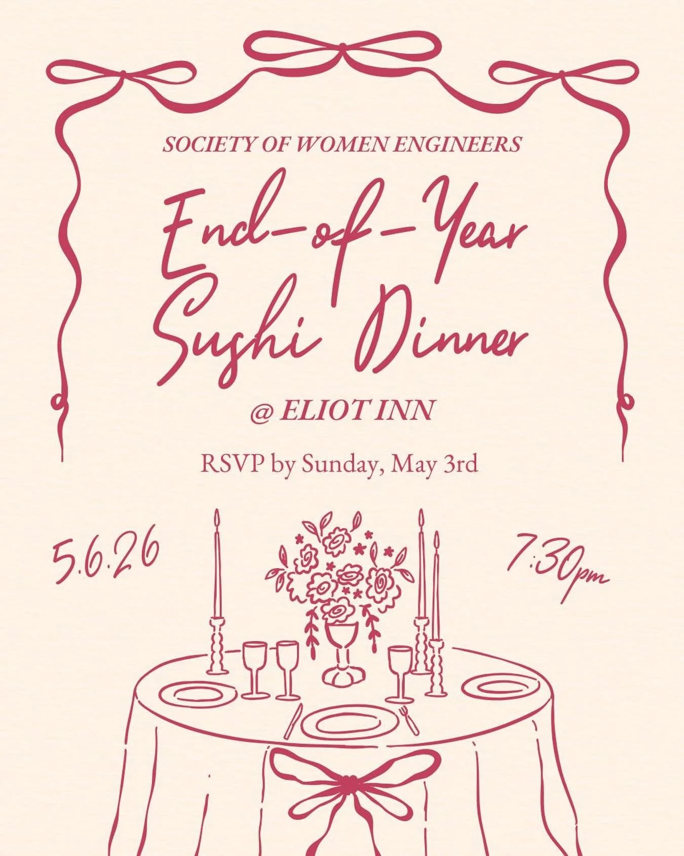 Come wrap up the semester with great food and even better company! Join us on Wednesday, May 6th at 7:30pm in the Eliot Inn to enjoy a sushi dinner and celebrate the end of the school year. RSVP at the link in bio by Sunday, May 3rd at 11:59pm!