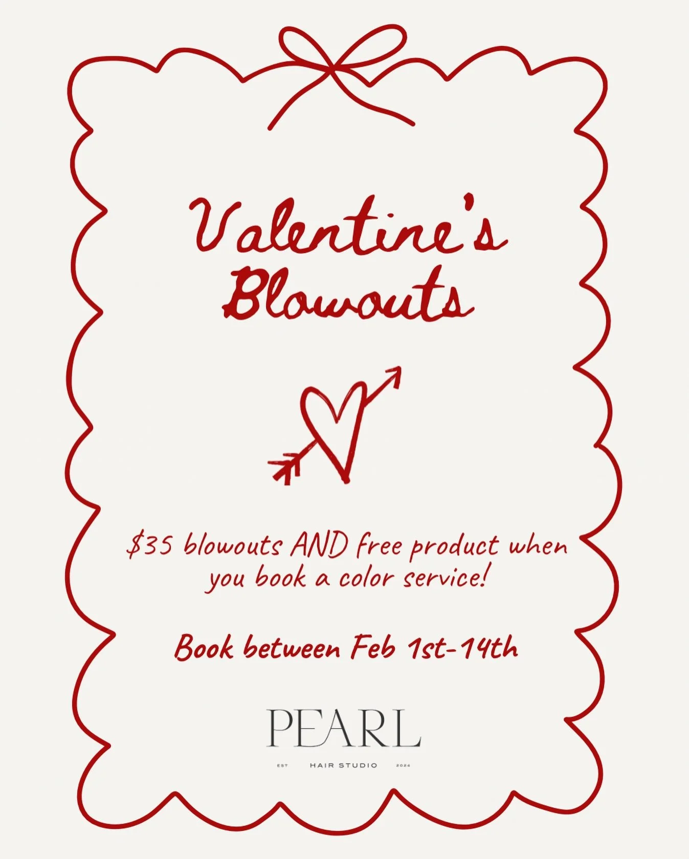Because great hair is the love language 💌✨

Treat yourself (or drop a hint!) with a Valentine&rsquo;s Blowout, and when you book a color service you&rsquo;ll receive a FREE product on us! Book between February 1st-14th! 

Xoxo, Pearl 🤍

#downtownel