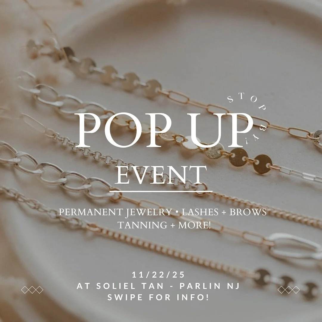 POP-UP ALERT ✨ Join us for a beauty + self-care event you won&rsquo;t want to miss!

🗓 Saturday 11/22 &bull; 11AM&ndash;3PM
📍 Soleil Tan &mdash; Parlin, NJ (Sayrebrook Town Center)

Enjoy permanent jewelry by Linked by Mint, lash &amp; brow consult