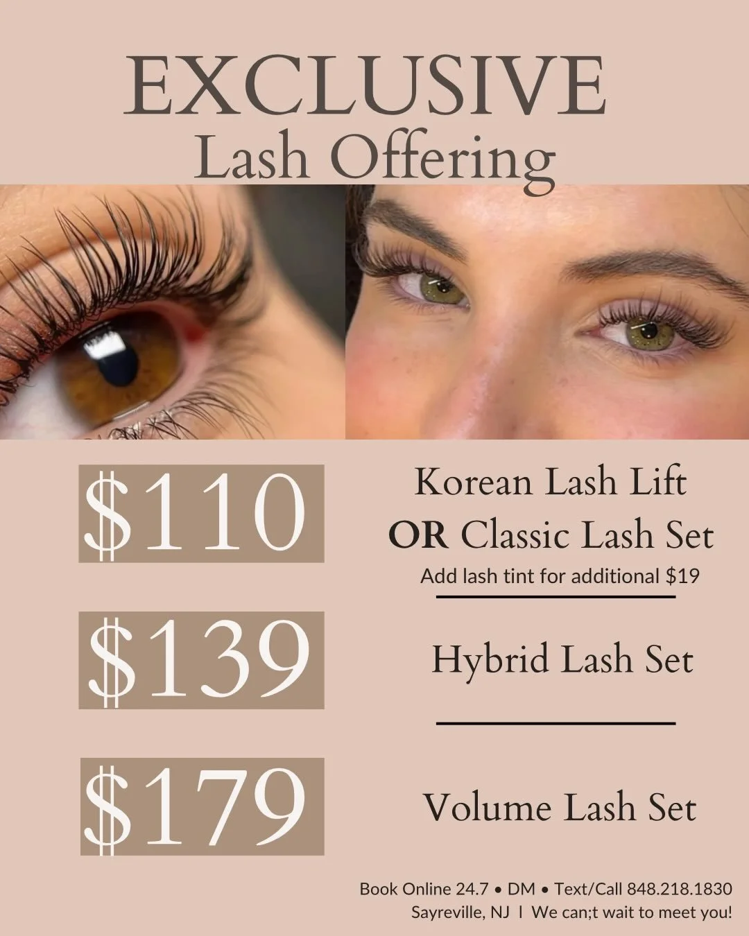 Not sure what to book? We got you 🤍

Our most requested sets are here!!! Whether you want natural, soft, or full glam, we&rsquo;ve made it simple.

✨ Korean Lash Lift or Classic Set &mdash; $110
✨ Korean Lash Lift + Tint &mdash; $129

✨ Hybrid Set &