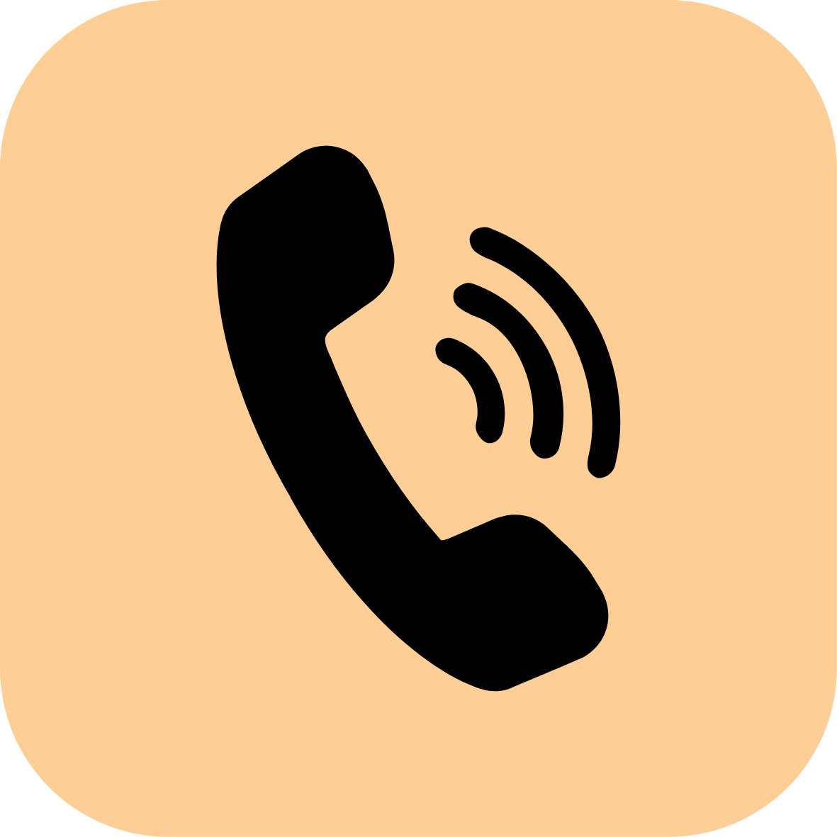 Black phone receiver icon with sound waves on a beige background.