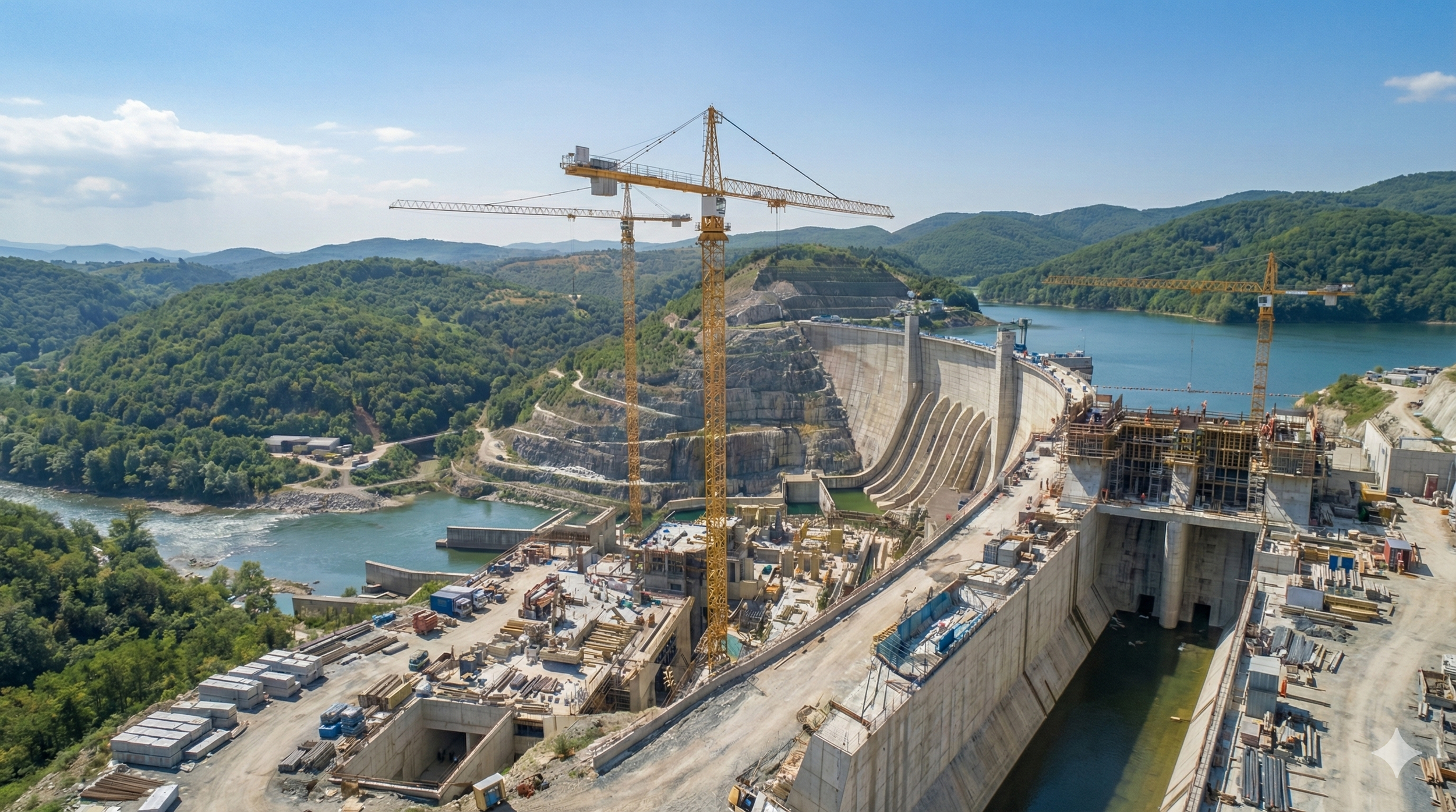 Construction site of a dam in a green, hilly landscape with cranes and partially built structures.