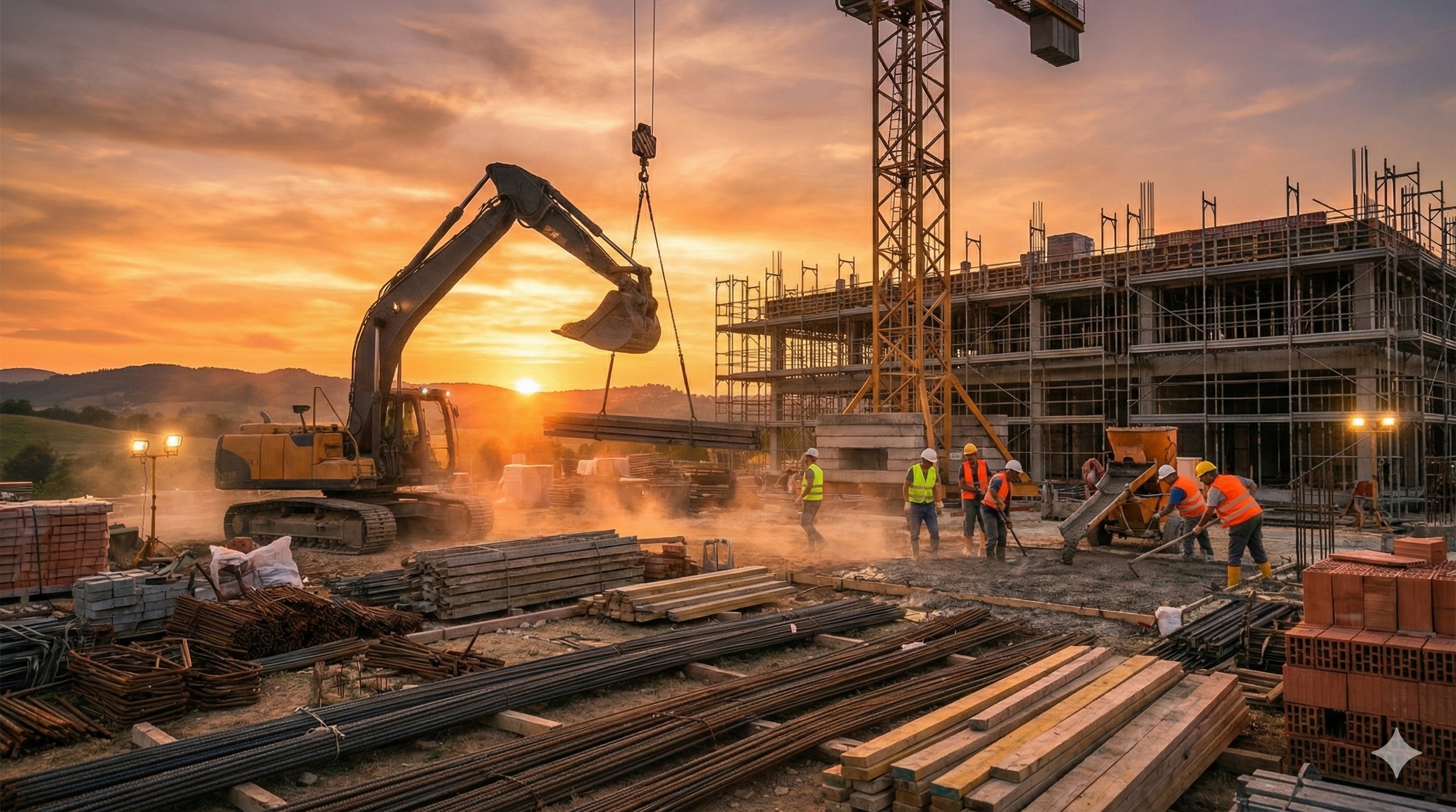 Construction workers in safety gear working on a building site at sunset, with scaffolding and machinery.