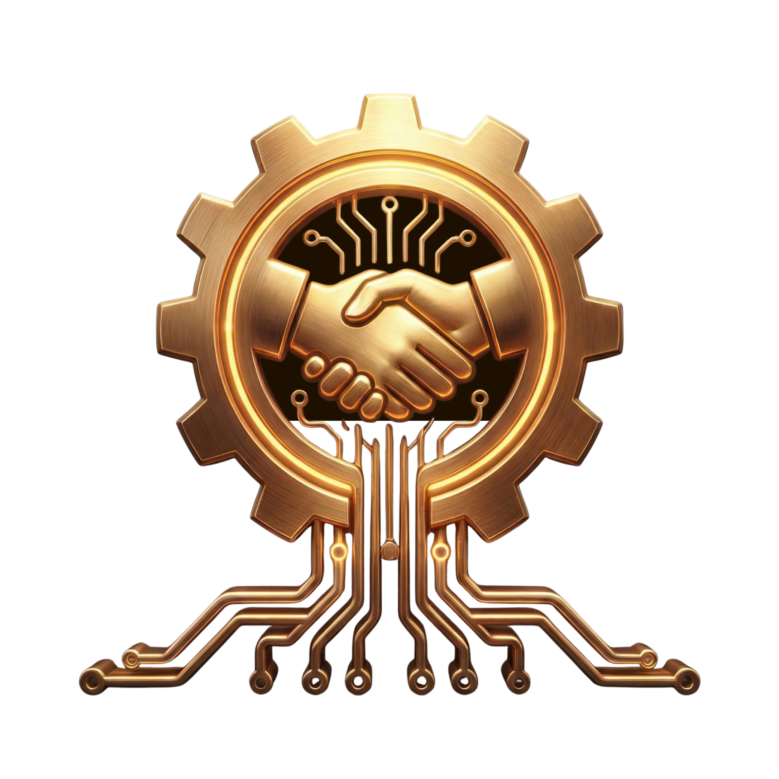 A digital rendering of a gear with a handshake inside, connected to circuitry, symbolizing automation and collaboration in technology.