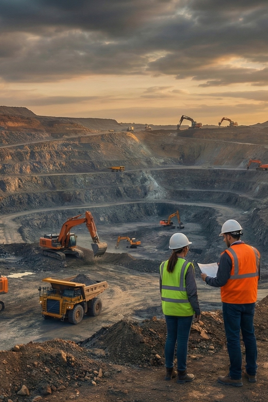Two construction workers in safety gear and helmets stand and discuss documents at a large open-pit mining site with excavators and trucks operating in the background during sunset.