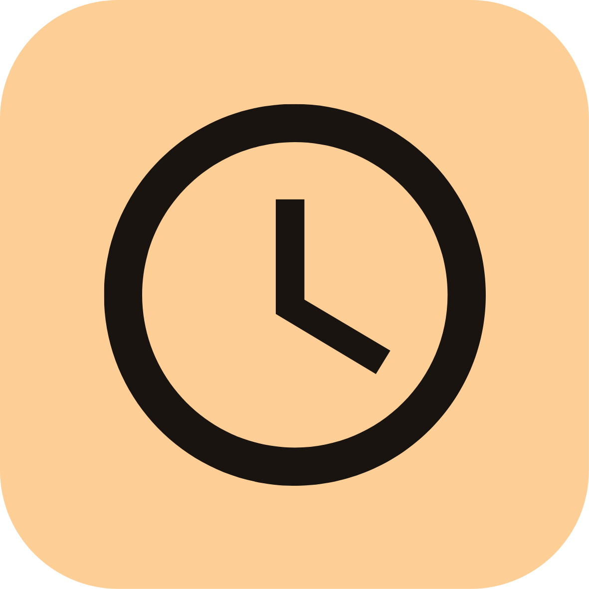 Icon of a clock showing the time as 3:00, with a beige background and black clock face and hands.