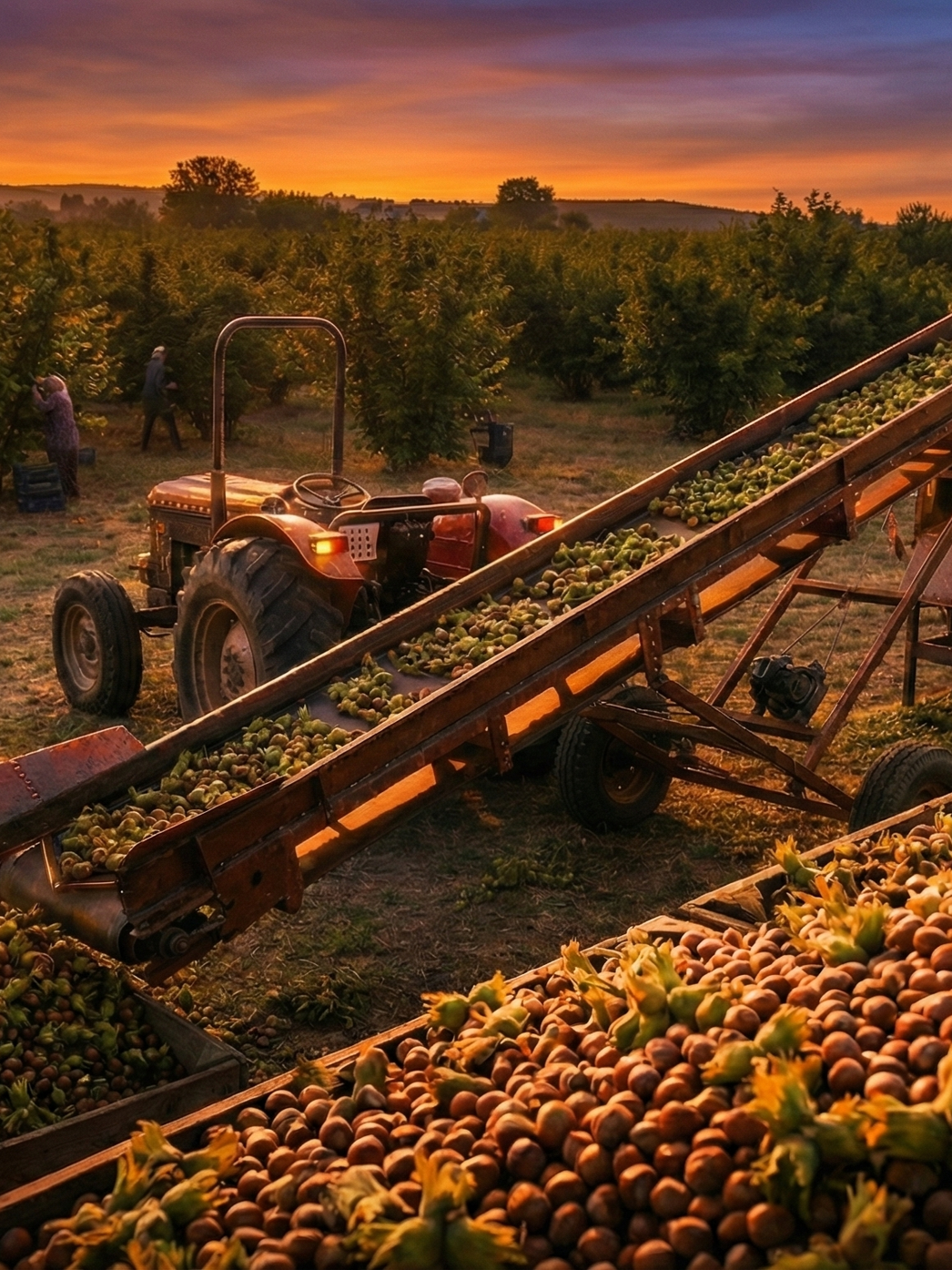 Farming scene during sunset with a tractor hauling harvested hazelnuts along a conveyor belt and workers collecting hazelnuts in an orchard.