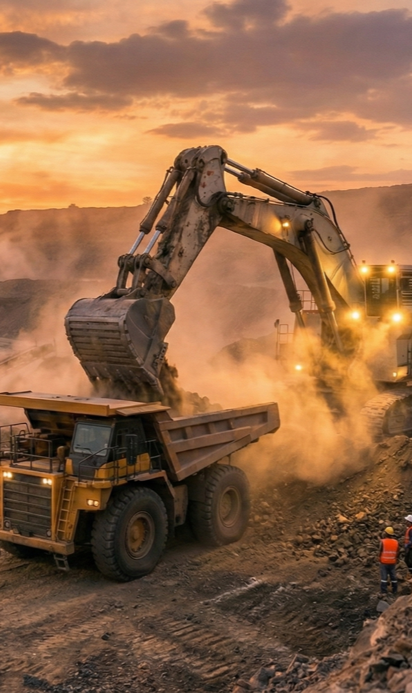 Large excavator loading dirt into dump truck at a construction site during sunset with construction workers nearby.