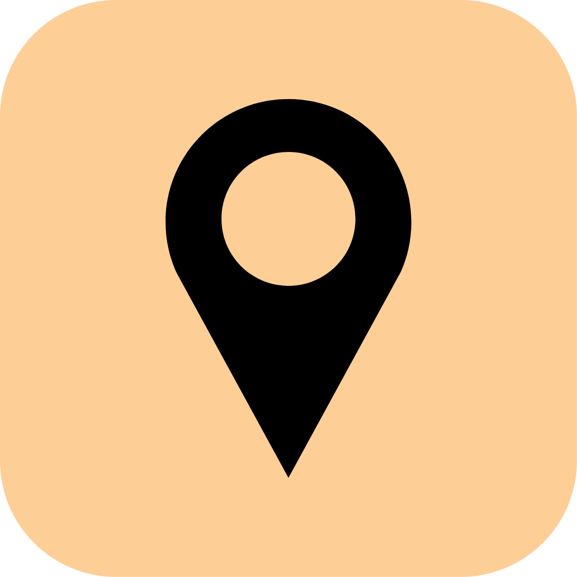Map location icon with a black marker on a peach background.