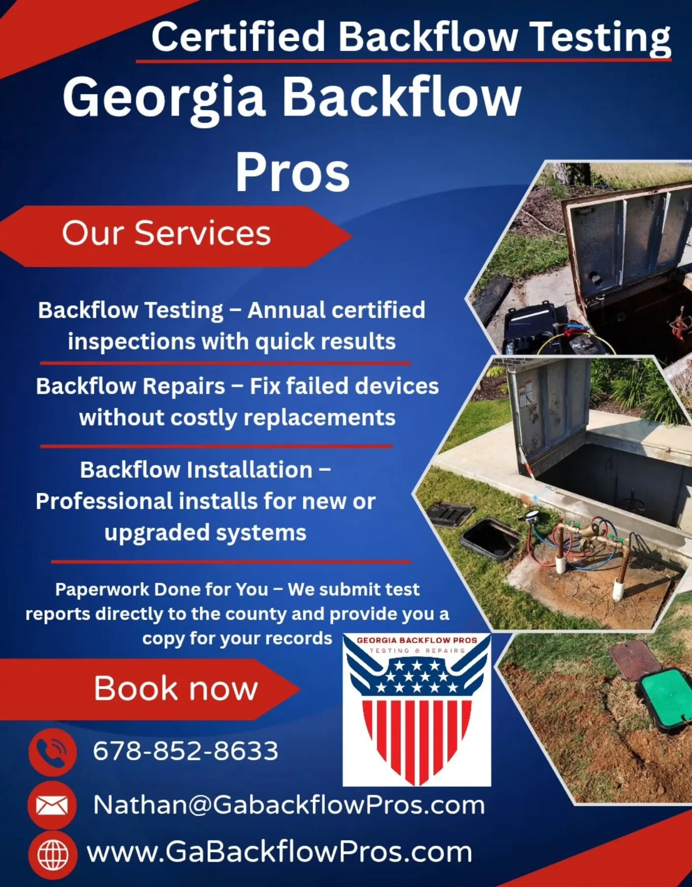 💧Got your backflow notice in the mail? 📩

⏳Deadline coming up?  We&rsquo;ll test your backflow and submit the results directly to the city/county for you. Stress-free.

✔️ Certified. ✔️ Reliable. ✔️ Affordable