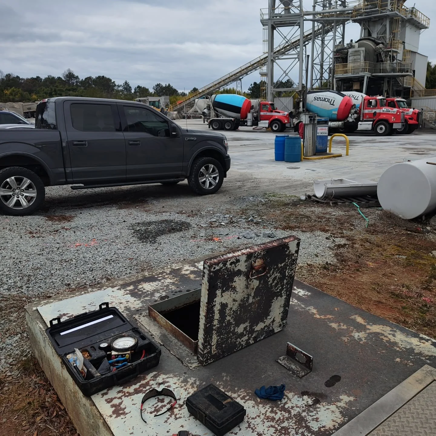 If you&rsquo;re looking for the backflow tester, check the furthest corner of the yard in a hole in the ground. 🛠️
Behind the scenes at the batch plant. 🏗️ Testing the lines and ensuring the local community's water stays pure.
✅ Vault opened
✅ Gaug