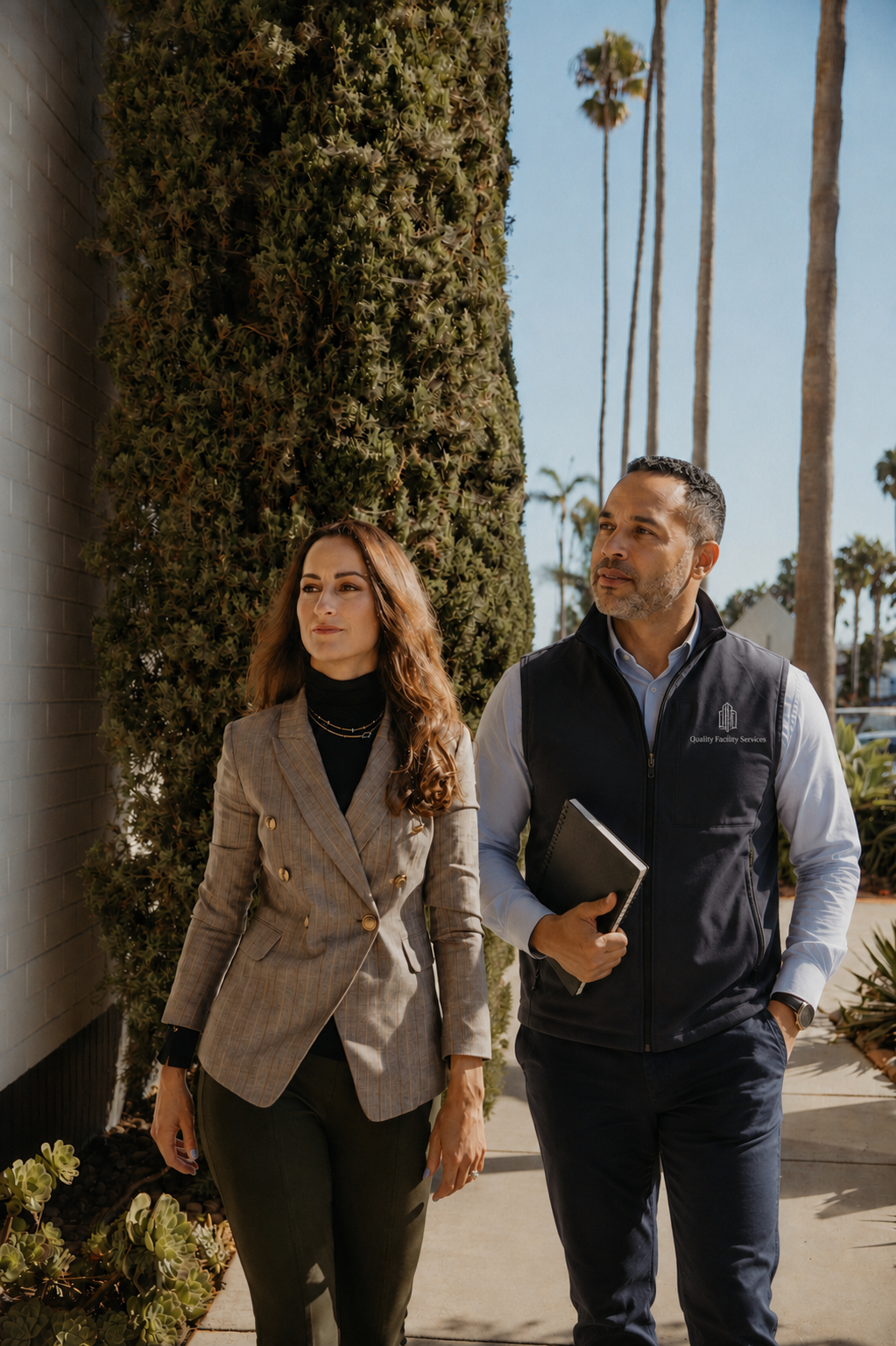 A man and a woman walk outdoors on a sunny day, with palm trees and a tall hedge in the background. The woman has wavy brown hair and is wearing a beige plaid blazer with black pants. The man has short gray hair and a beard, wearing a blue shirt with a black vest that has a logo, and is holding a black notebook.