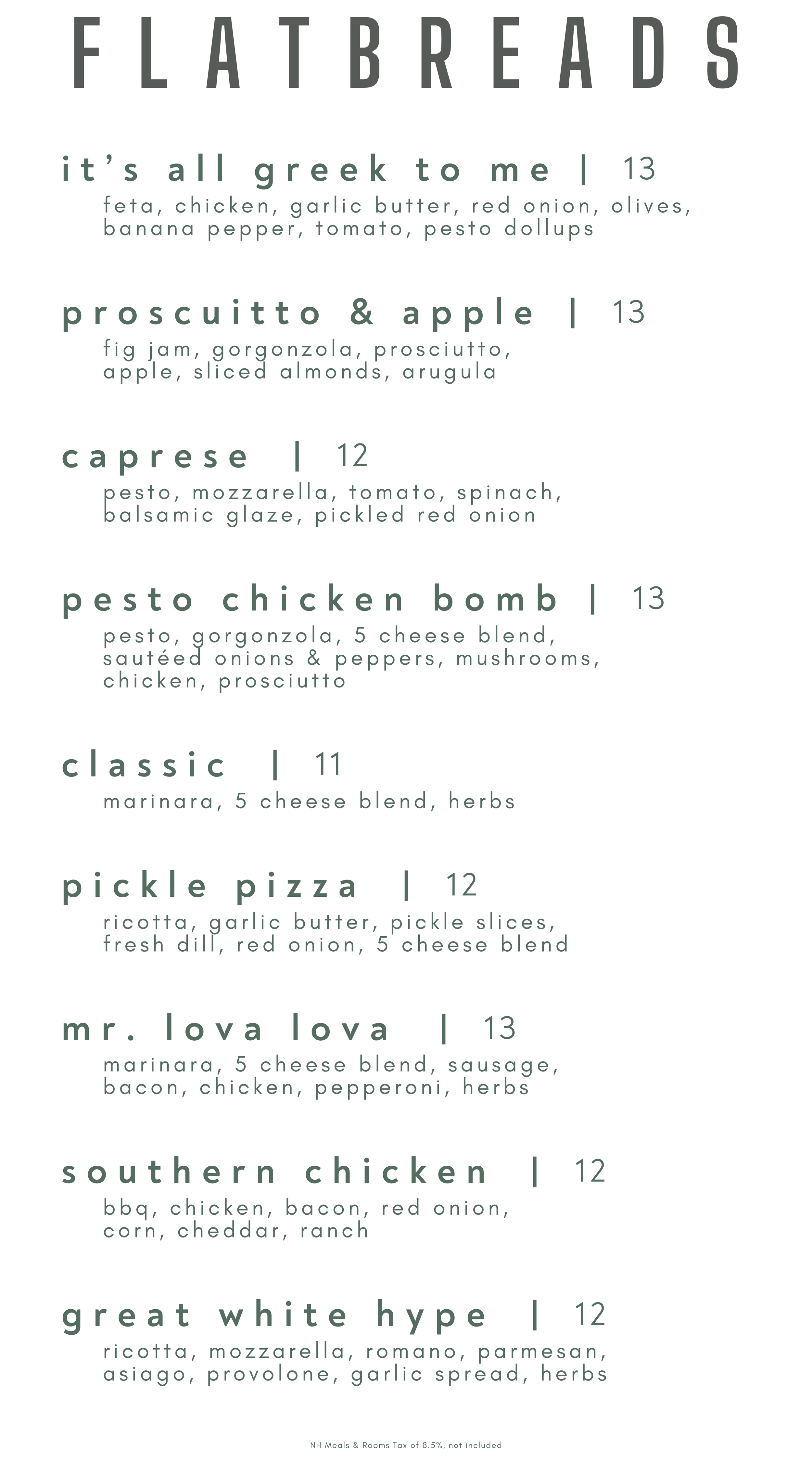 A menu with various Greek-inspired flatbreads and their ingredients listed, including options like feta, chicken, prosciutto, mozzarella, and herbs, with prices next to each item.