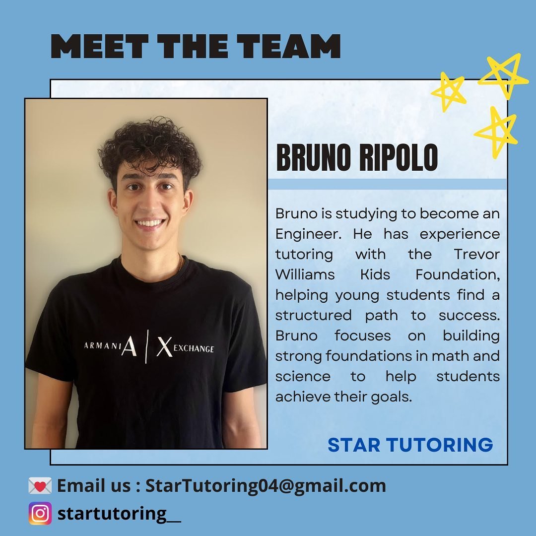 🌟 Meet the Team 🌟

👨&zwj;🏫 Tutor Bruno 📚

🌠 Helping students in math and science subjects 💫

Embark on a journey of academic excellence with us! 🚀

💌: StarTutoring04@gmail.com

#StarTutoring #TutoringCompany #OnlineTutoring #MontrealTutoring