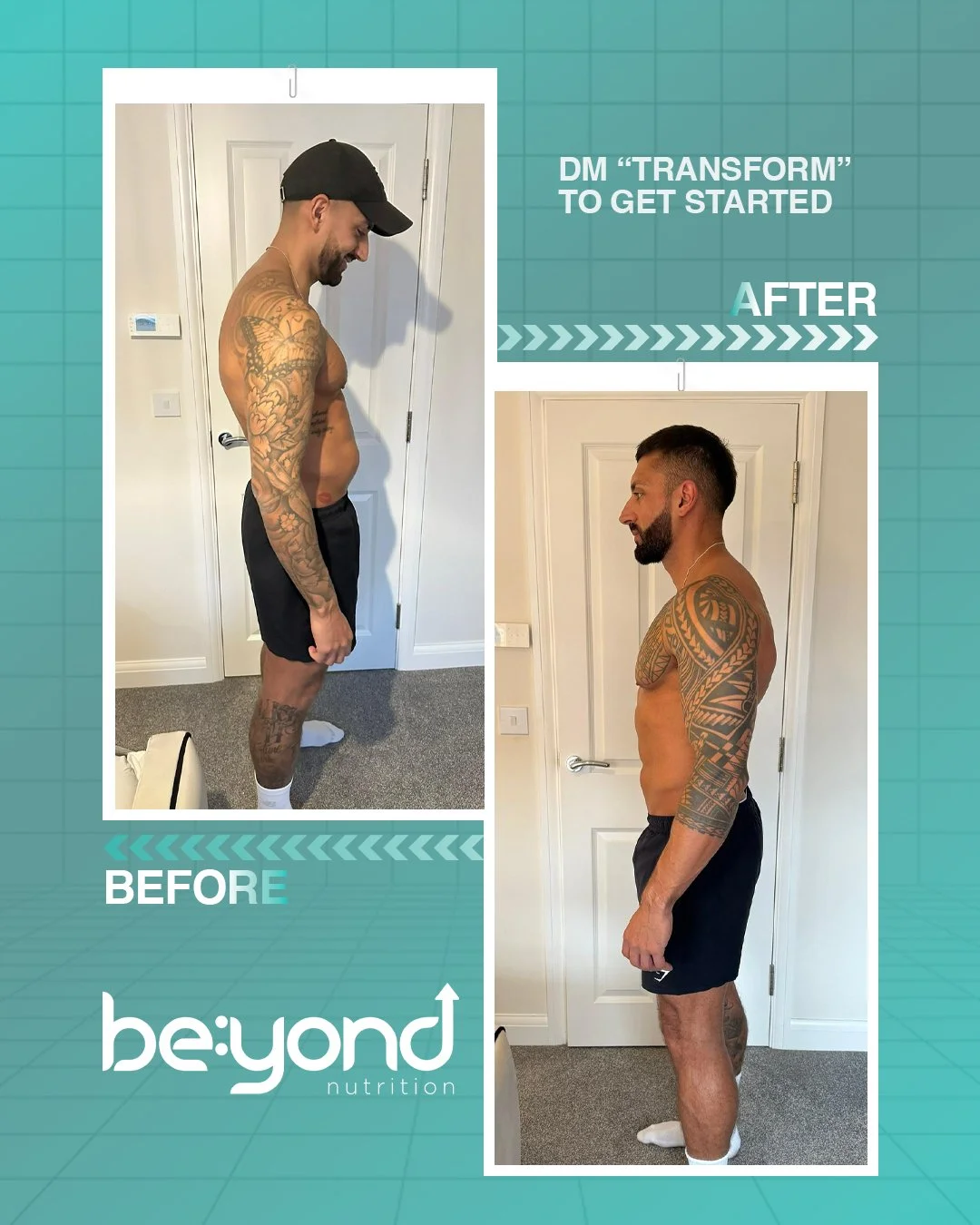 Side-by-side comparison of a man before and after a fitness transformation, showing improved muscle tone and reduced body fat.