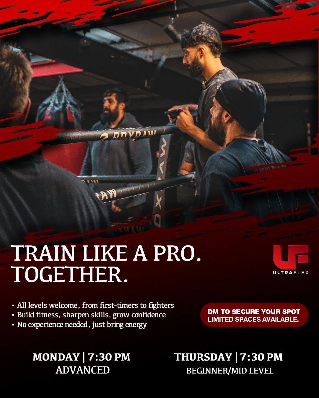 Advertisement for ULTRAFLEX fitness training classes featuring a group boxing or martial arts training session with instructors and participants in a gym.
