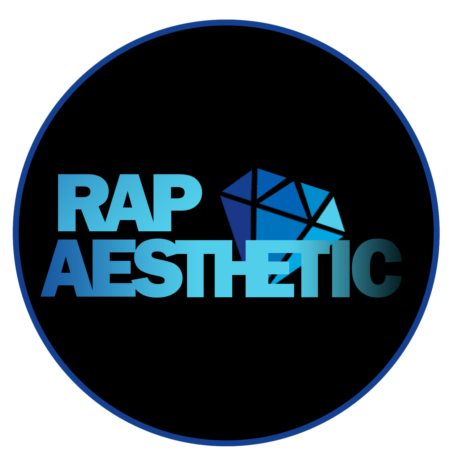Logo with the text 'Rap Aesthetic' in blue gradient letters and a geometric diamond graphic on a black circular background.