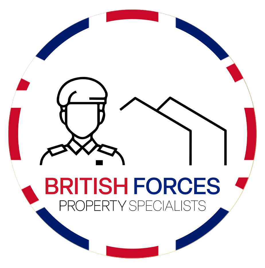 Logo with a military figure outline and house rooftops, surrounded by red and blue border, with text "British Forces Property Specialists."