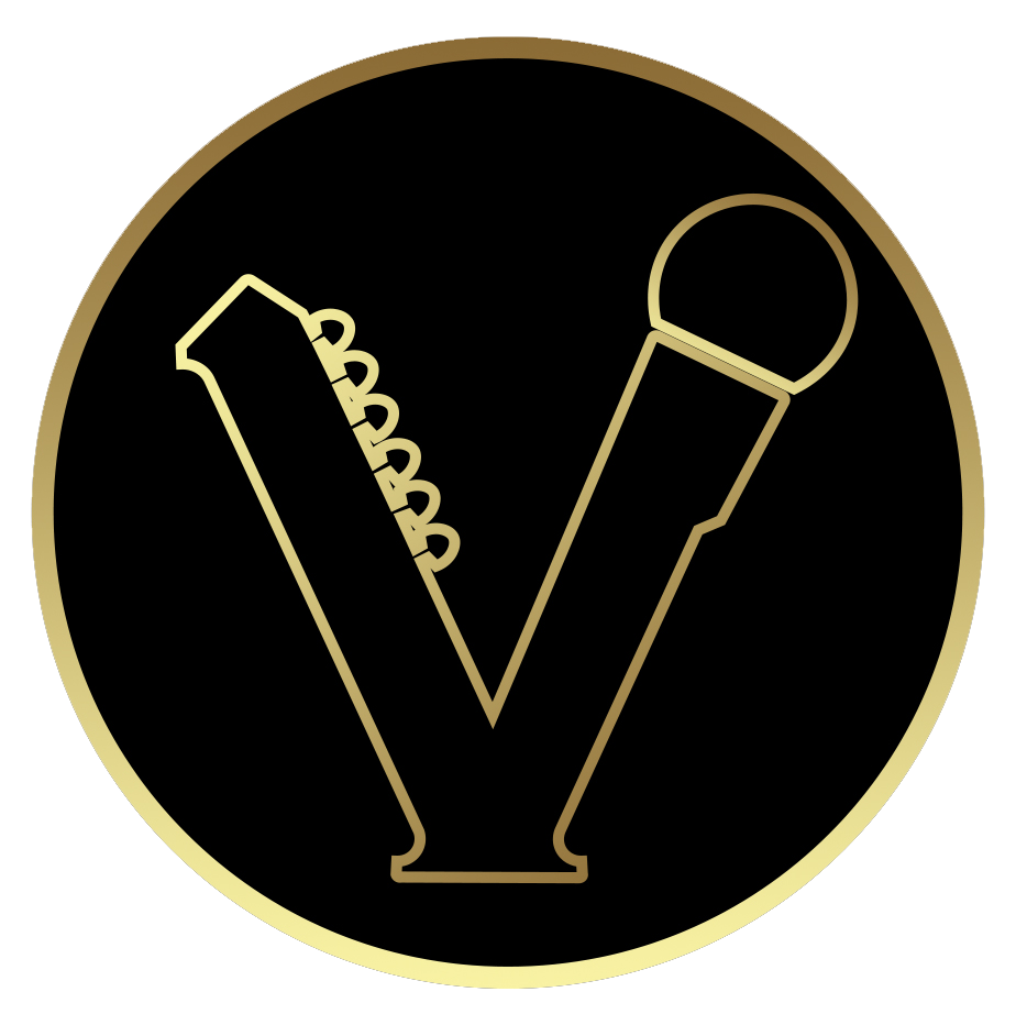Logo with a gold letter V combining a guitar neck and microphone on a black circular background.