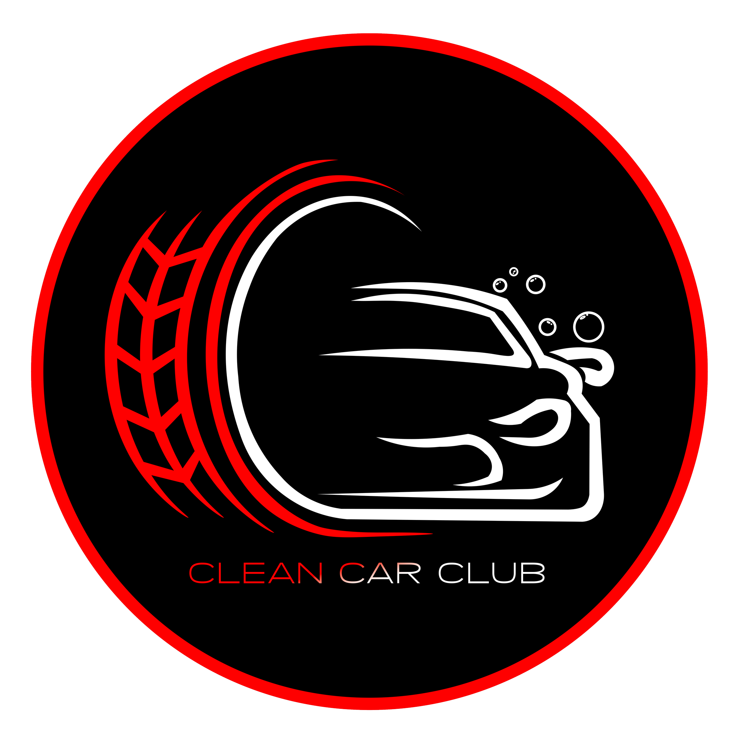 Logo of Clean Car Club featuring a stylized car with bubbles and a tire design, encircled with a red border.