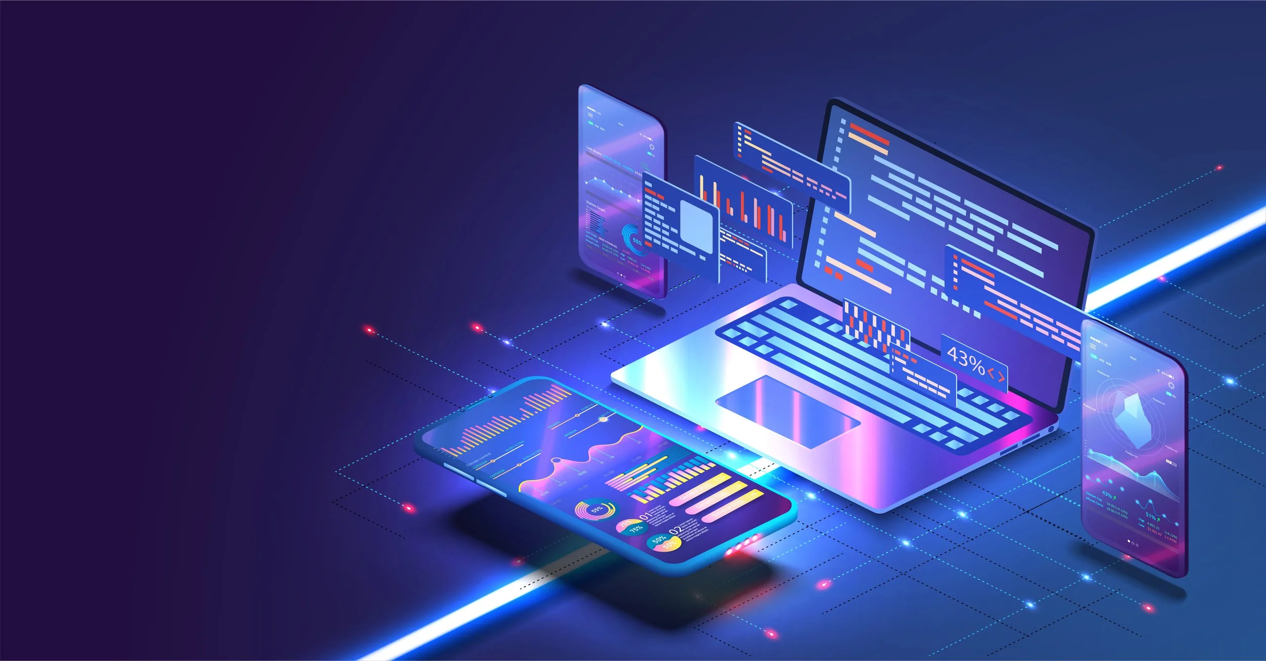 Futuristic digital devices displaying data and coding, including a laptop, smartphone, and floating screens with graphs and code.