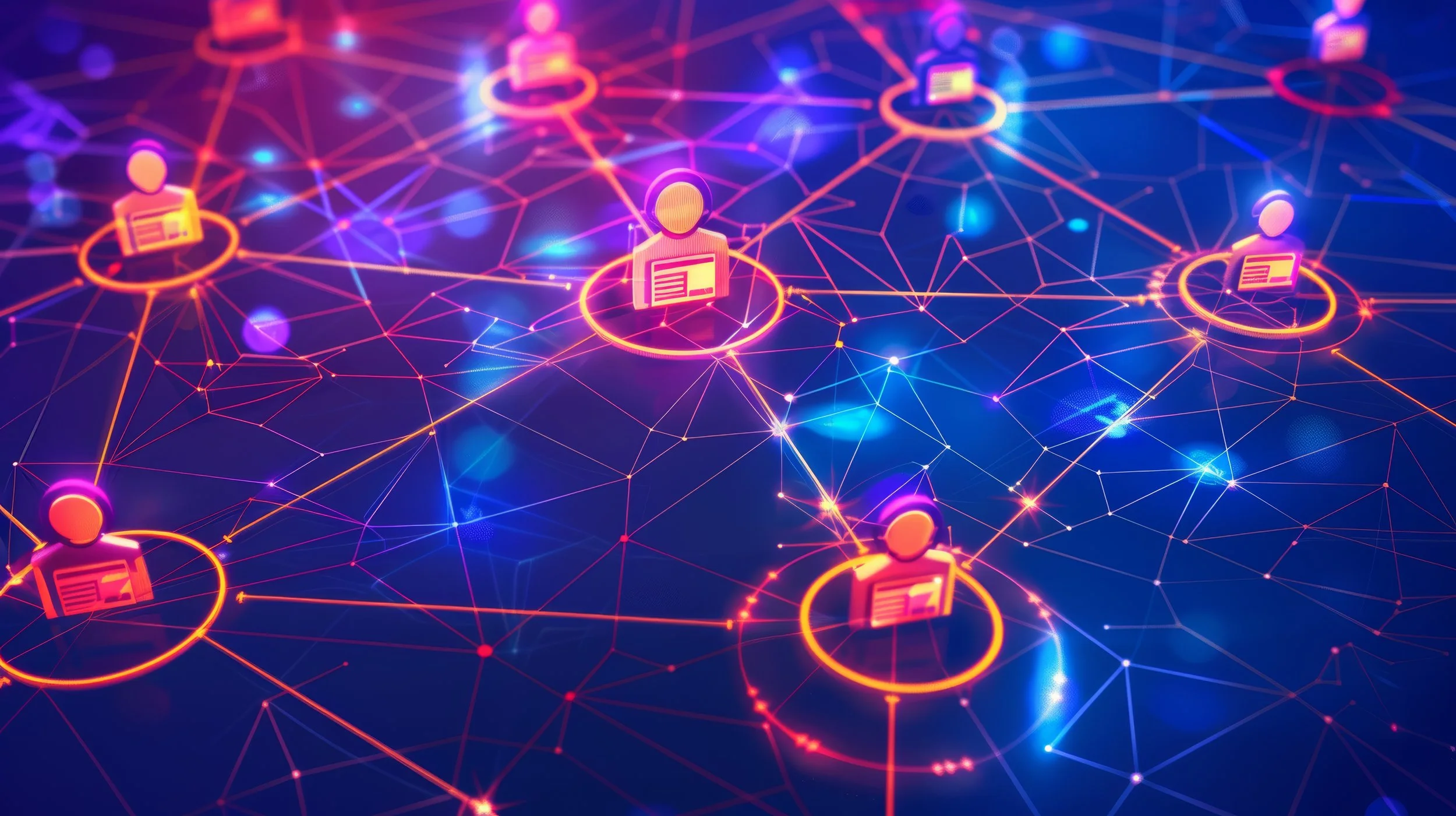 Abstract illustration of a digital network with connected human icons on a glowing background.