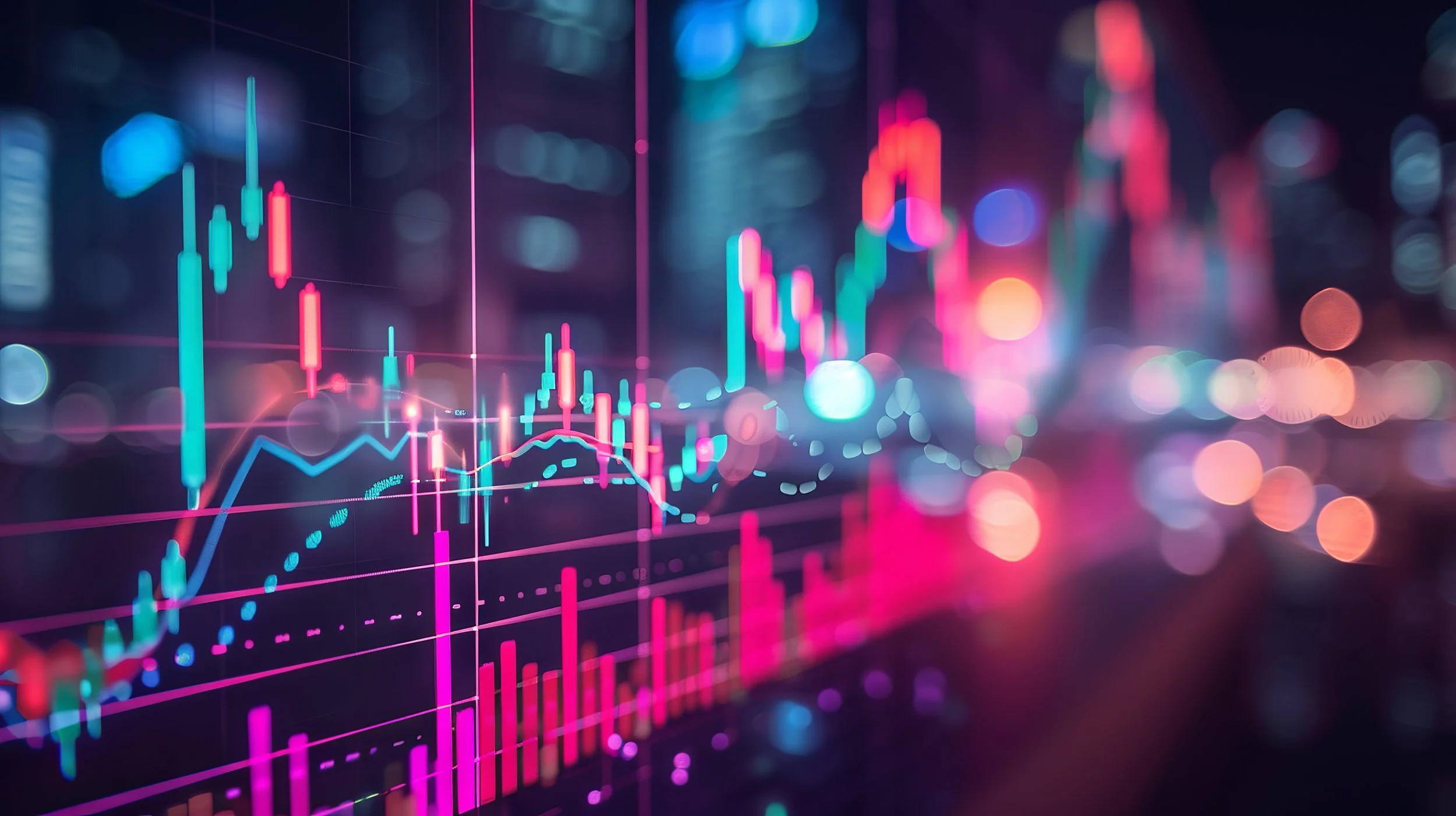 Colorful stock market graph with candlestick charts and data lines on a blurred background.