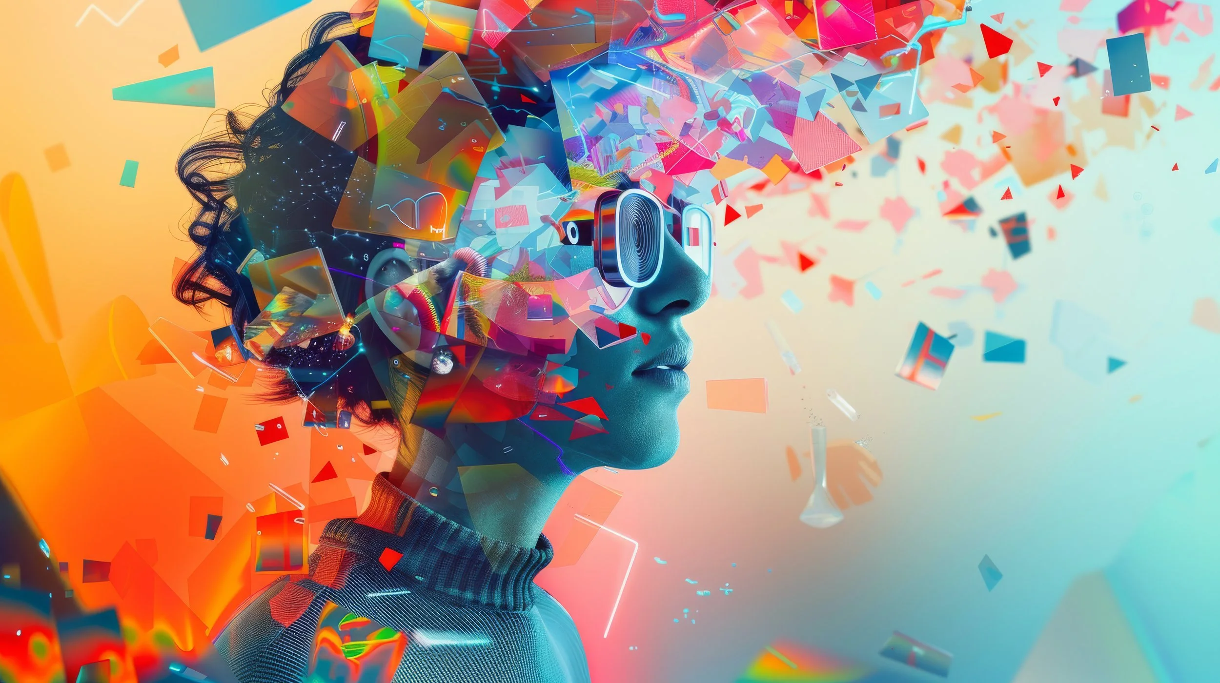 Abstract digital artwork depicting a person wearing glasses surrounded by colorful geometric shapes and fragments on a vibrant background.