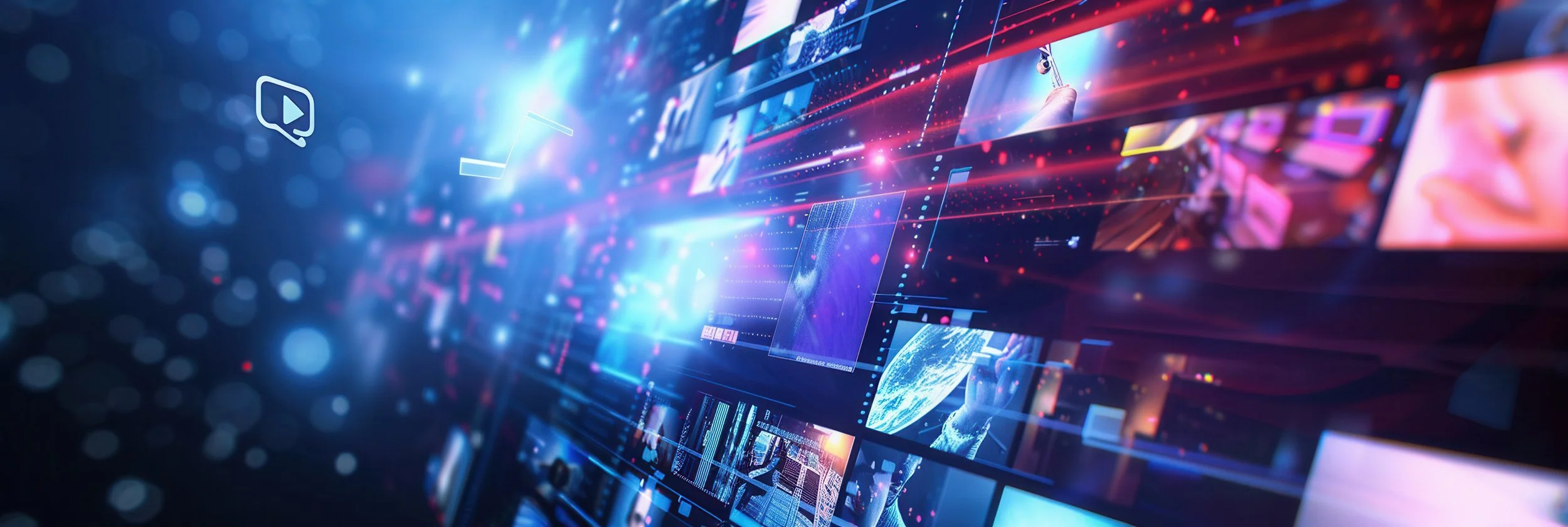Abstract digital screens with blue and red light effects, depicting media content and technology concept.