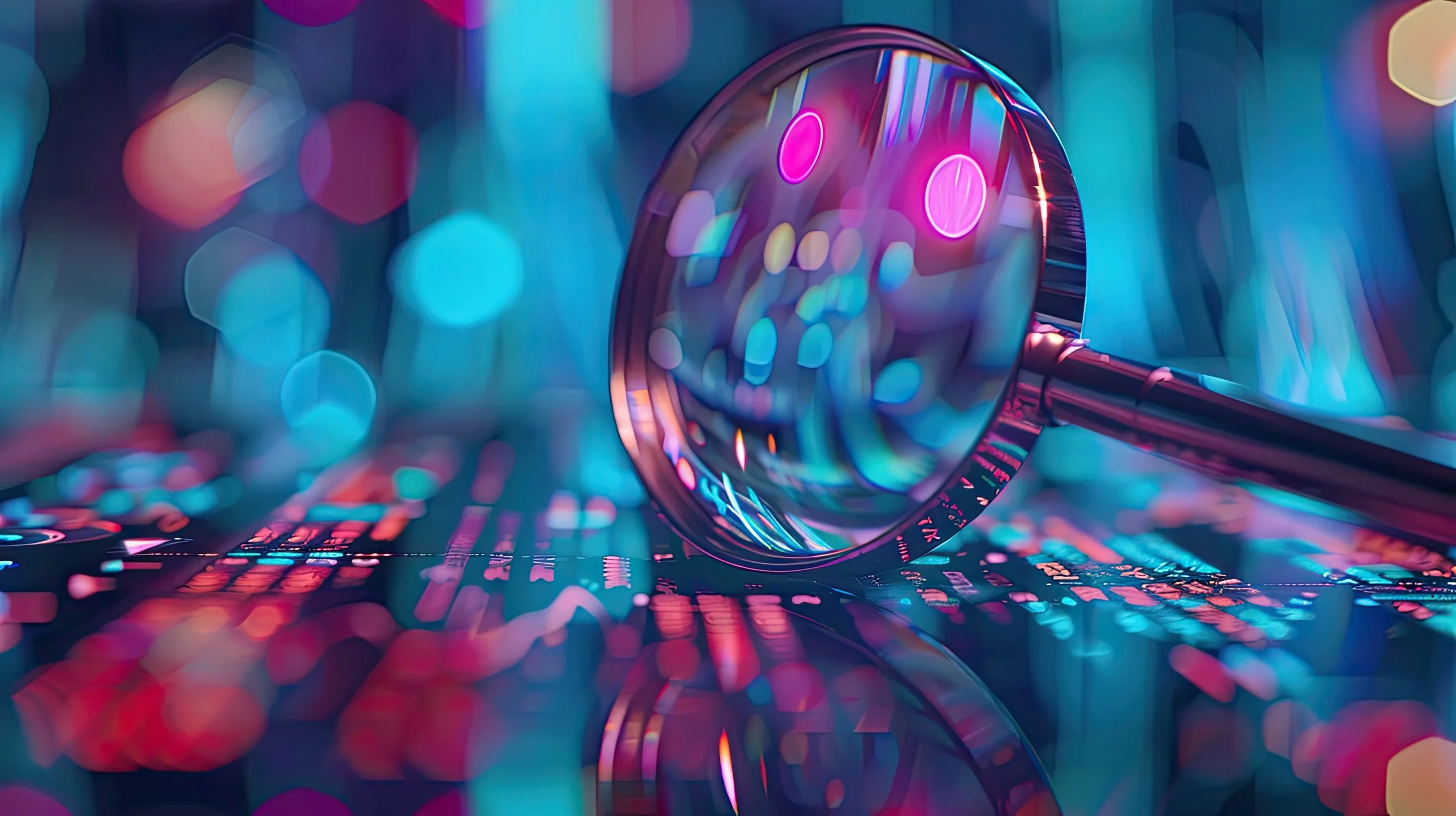 Magnifying glass on neon-colored digital surface, abstract glow