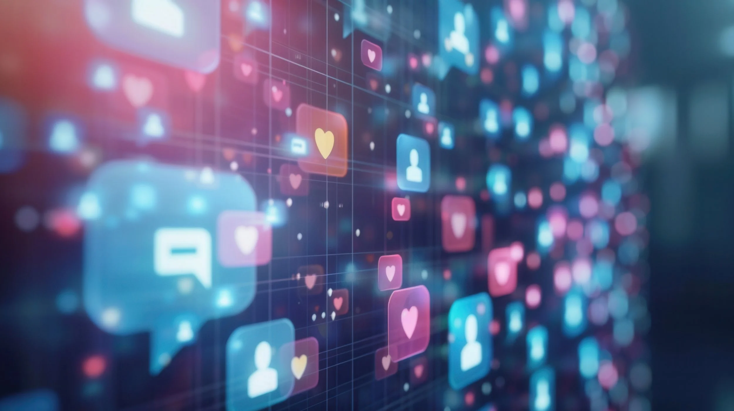 Digital social media icons with heart and user symbols, light blue and pink colors, futuristic grid background.