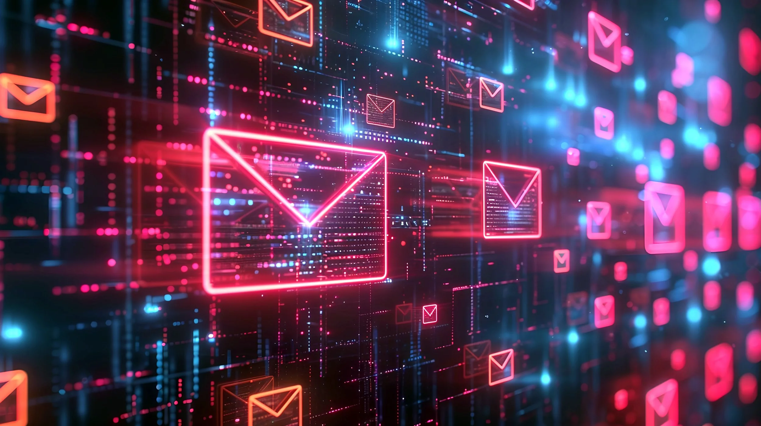 Abstract digital representation of emails, with glowing red envelope icons on a dark background, symbolizing electronic communication.
