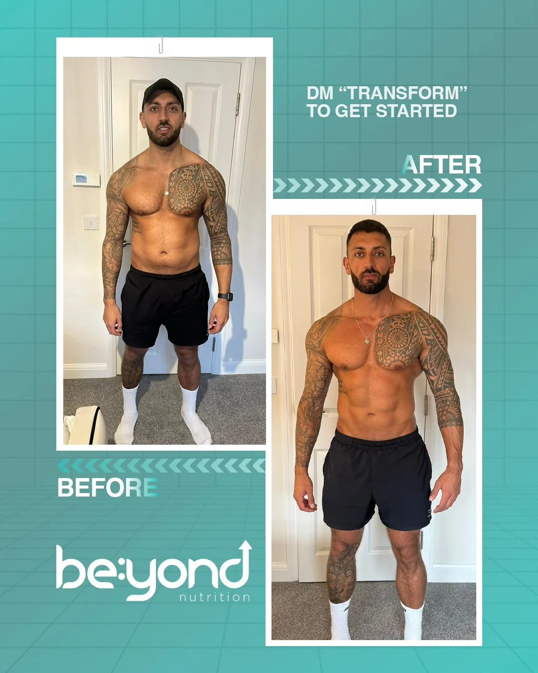 Side-by-side before and after photos of a man showing physical transformation, with text indicating the use of Beyond Nutrition program and instructions to message 'TRANSFORM' to get started.