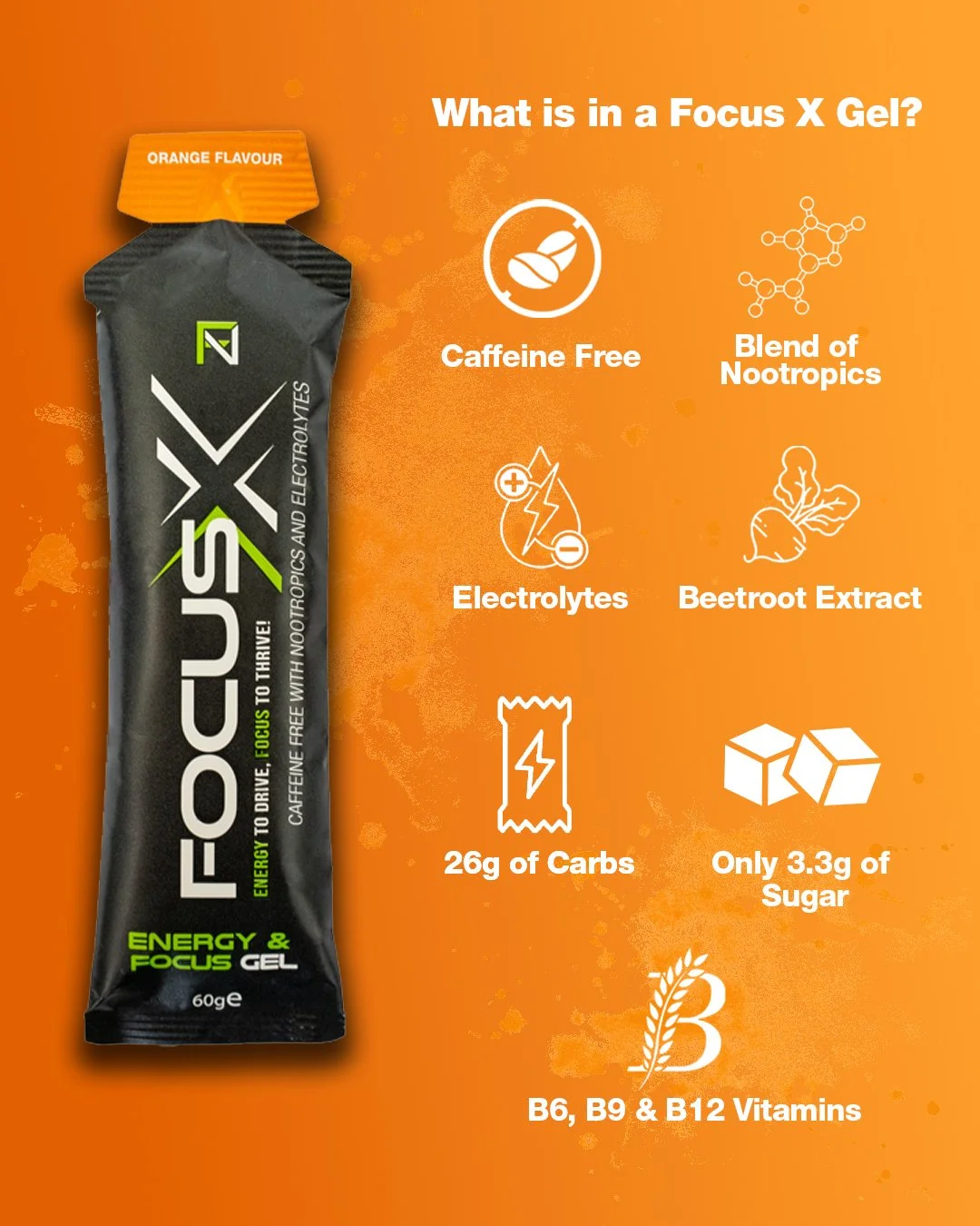 Package of Focus X energy and focus gel with orange flavor and details about its ingredients: caffeine free, blend of nootropics, electrolytes, beetroot extract, 26 grams of carbs, 3.3 grams of sugar, and vitamins B6, B9, and B12, with an orange background.