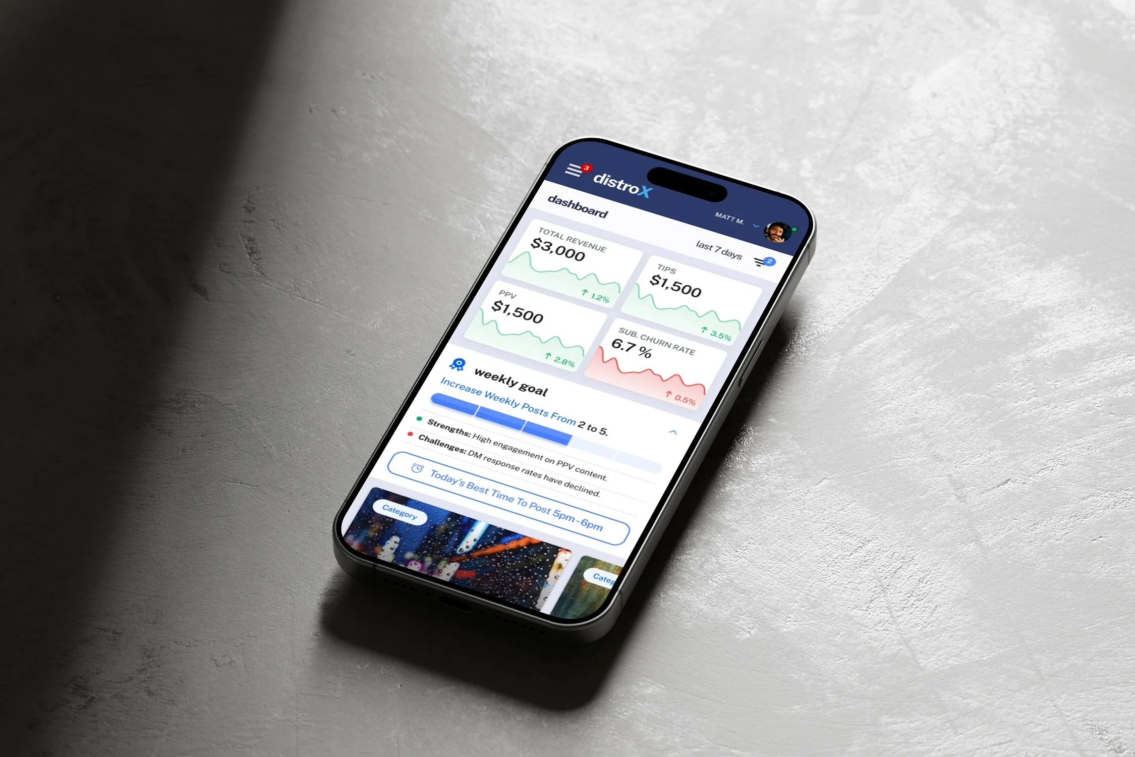 Smartphone displaying a mobile app dashboard with revenue, tips, and churn rate statistics.