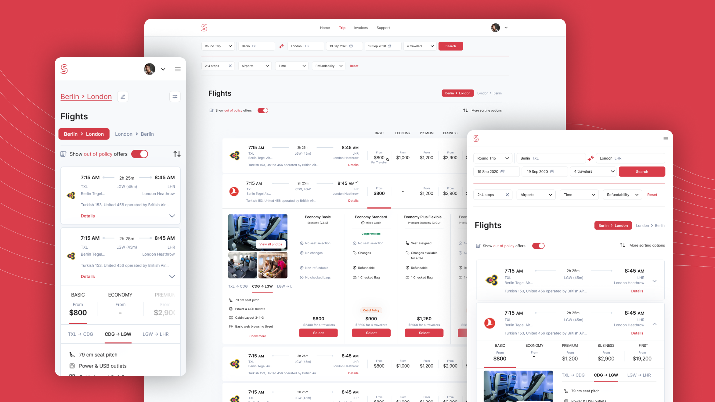 Flight search interface with options for Berlin to London on desktop and mobile screens, displaying flight details, prices, and classes.