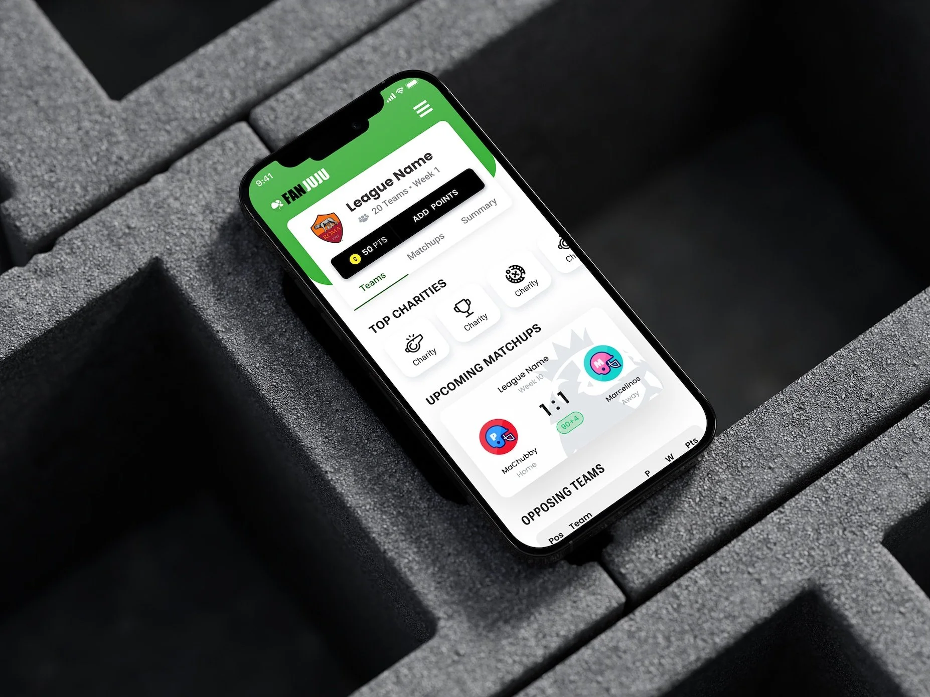 Smartphone displaying a sports league app interface with team information and matchups, placed on a textured gray surface.