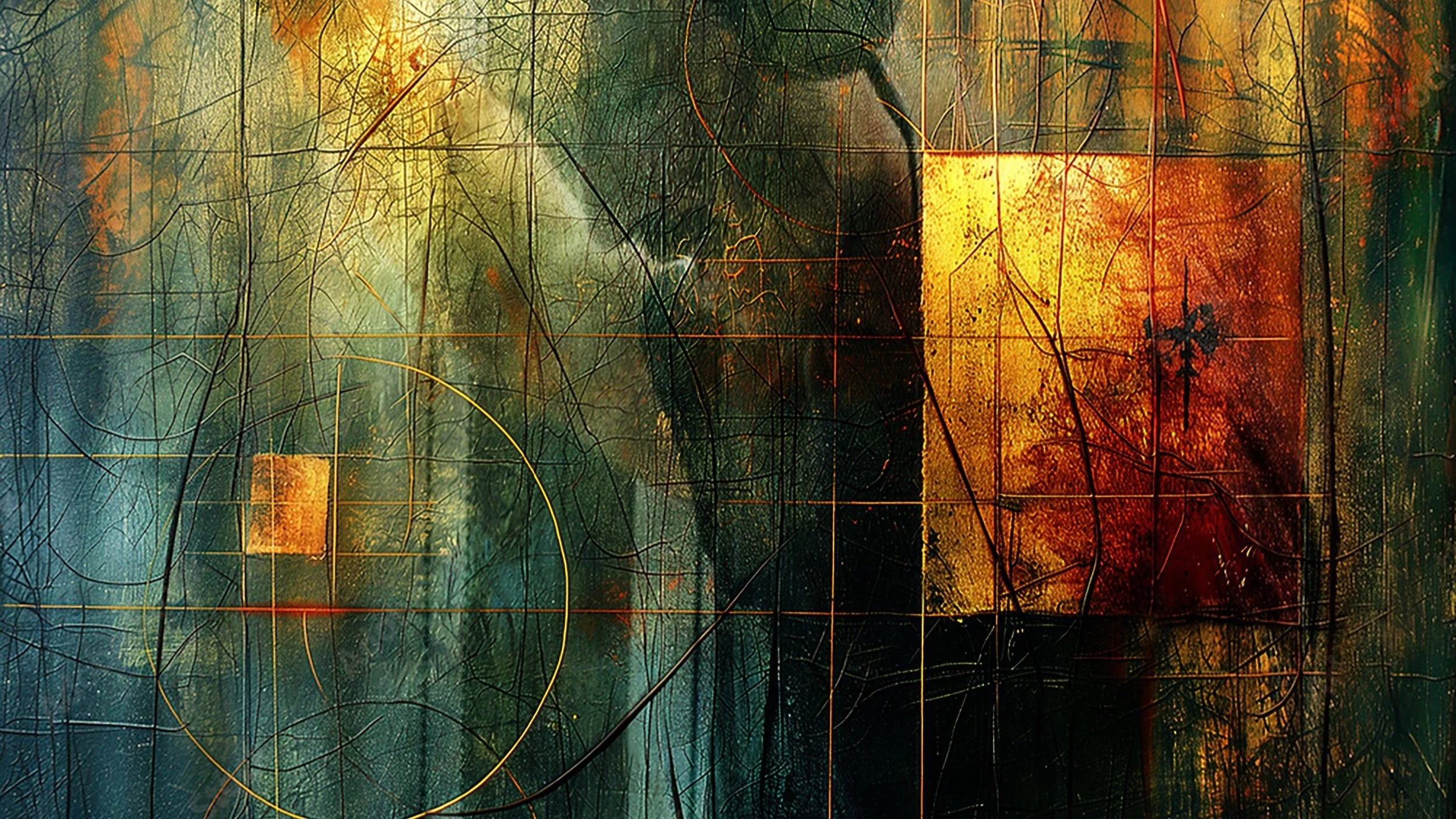 Abstract geometric art with squares and circles in green, yellow, and orange hues.