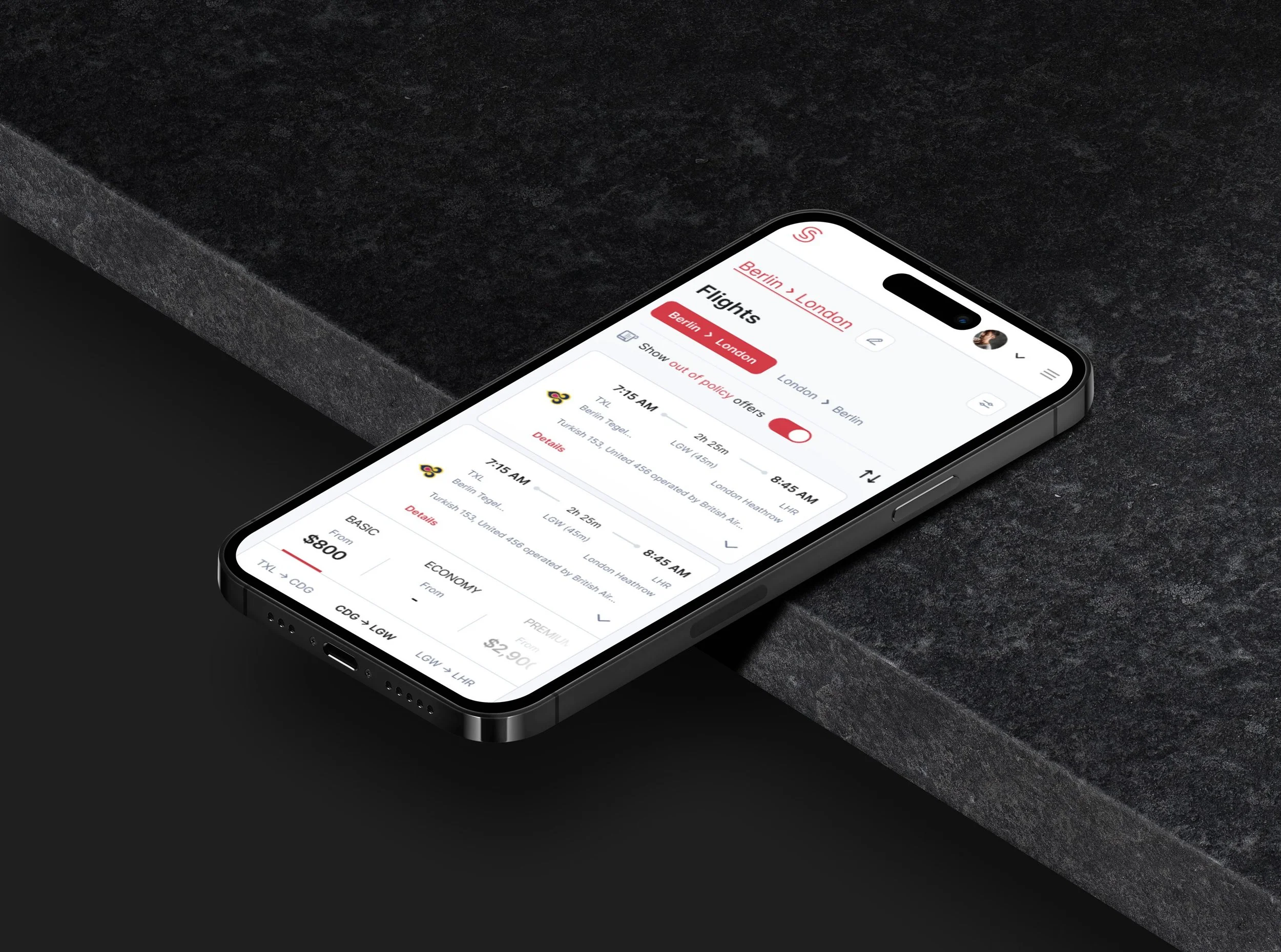 Smartphone displaying a flight booking app with a search for flights from Berlin to London.