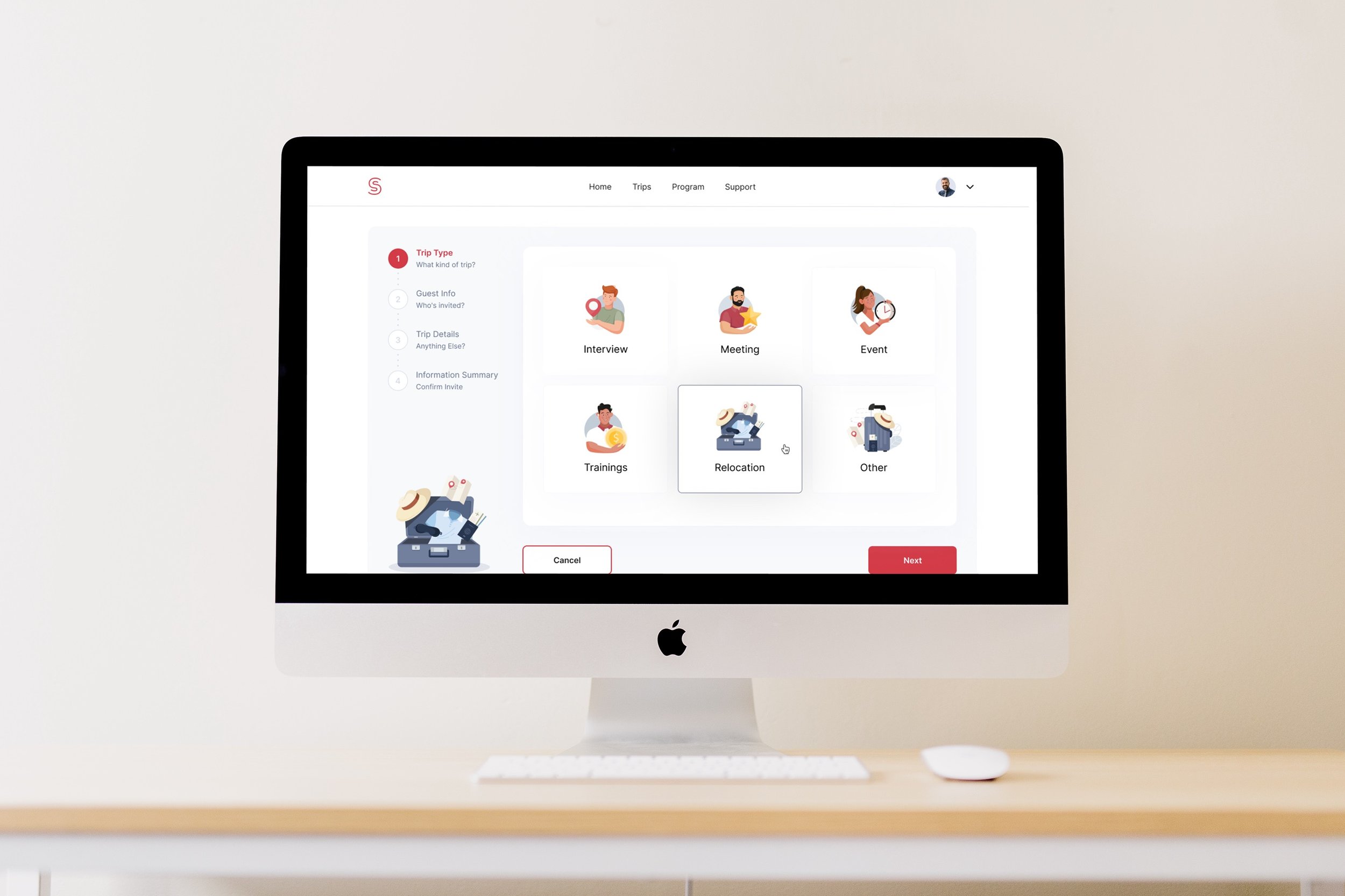 Computer screen displaying a travel planning application with options for interview, meeting, event, trainings, relocation, and other types of trips on a desk.