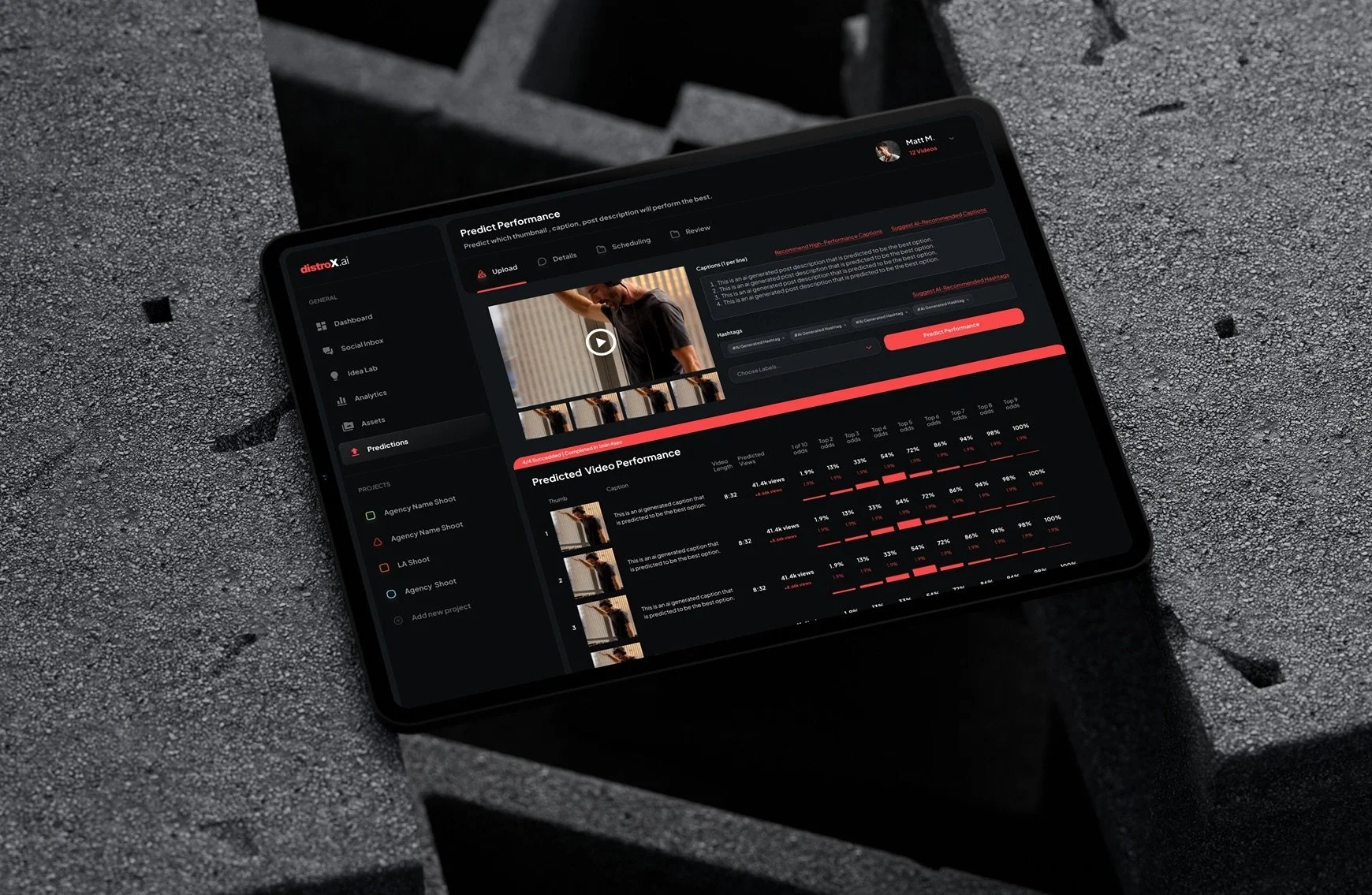 Tablet displaying a video prediction analytics dashboard with metrics.