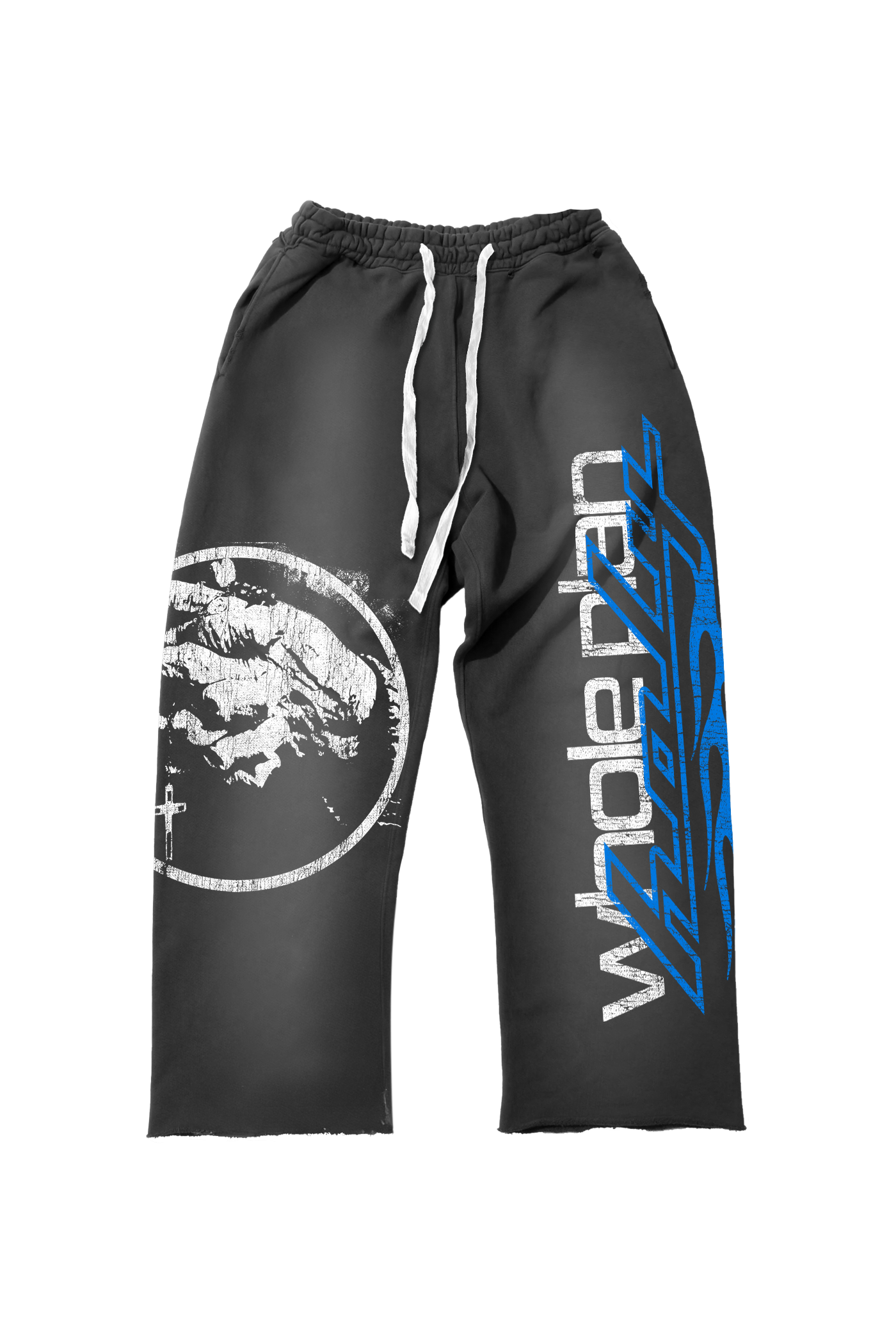 Black sweatpants with white drawstrings and graphic design, including a hand making a cross gesture on the left leg and blue and white text on the right leg.