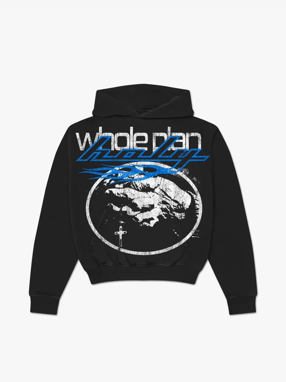 Black hoodie with graphic design featuring two hands holding a cross, the word 'Wolverine' at the top, and stylized blue and white elements.