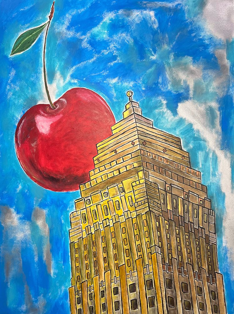 another painting about buildings and food