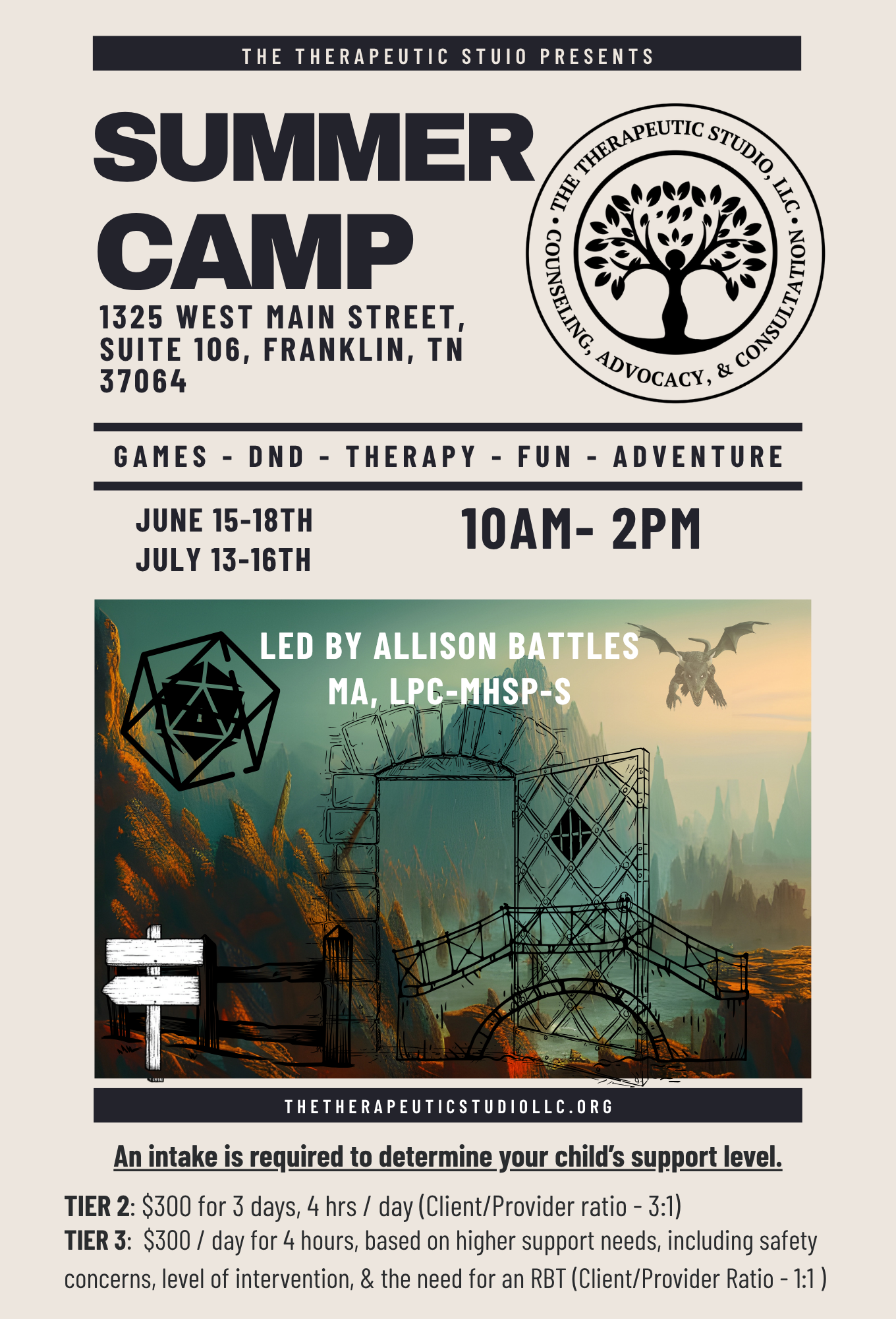 Poster for a summer camp organized by The Therapeutic Studio, held from June 15-18 and July 13-16, from 10 AM to 2 PM. The poster includes a logo with a tree inside a circle and references to games, DND, therapy, fun, and adventure. It also mentions it is led by Allison Battles and includes a background image of a fantasy setting with a dragon and medieval structures.