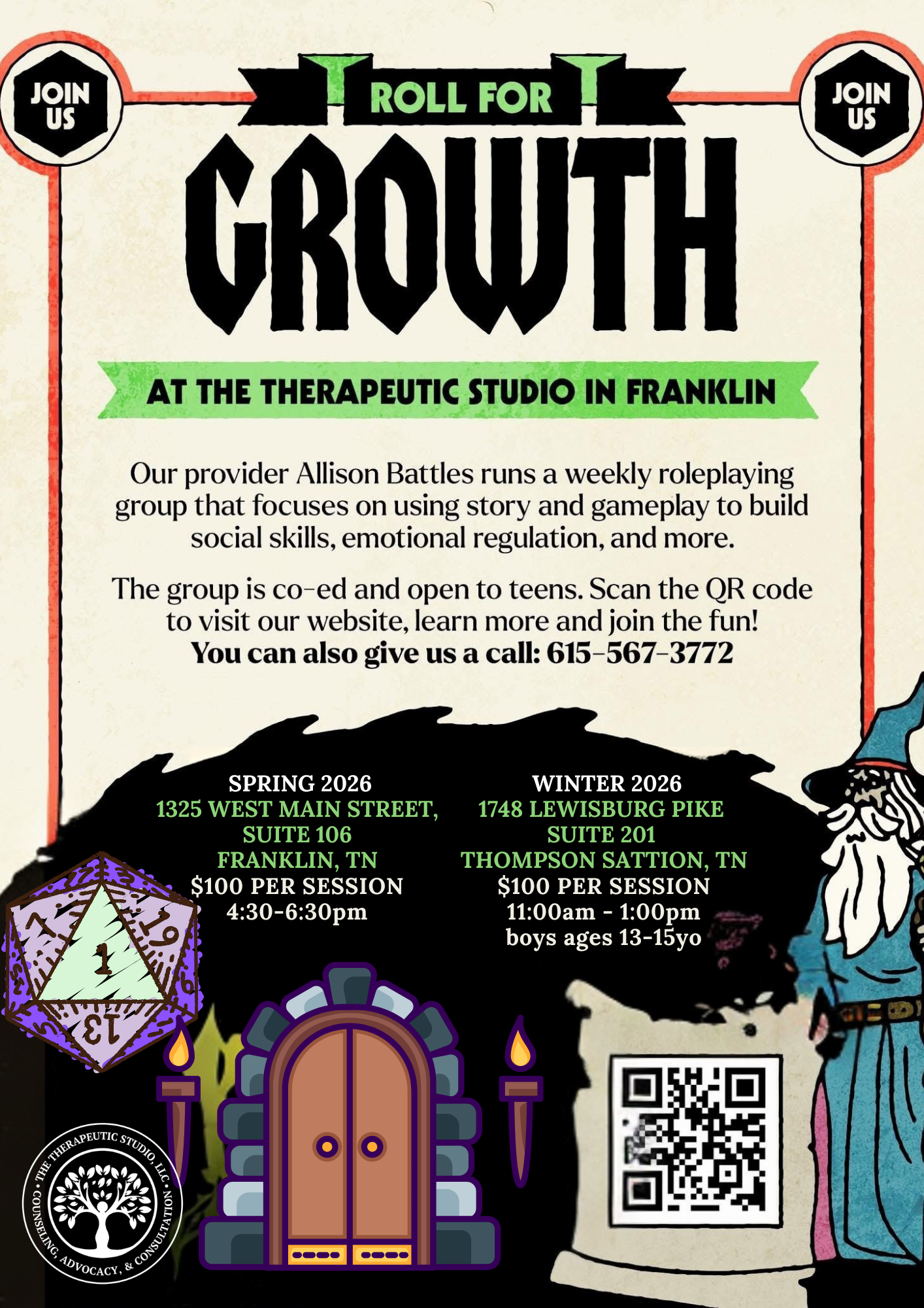 Flyer for role-playing group called Roll for Growth at the therapeutic studio in Franklin, TN and Thompsons Station, TN. Features colorful RPG dice, a fantasy door, and a person dressed as a fantasy character. Includes meeting details, contact info, and a QR code.
