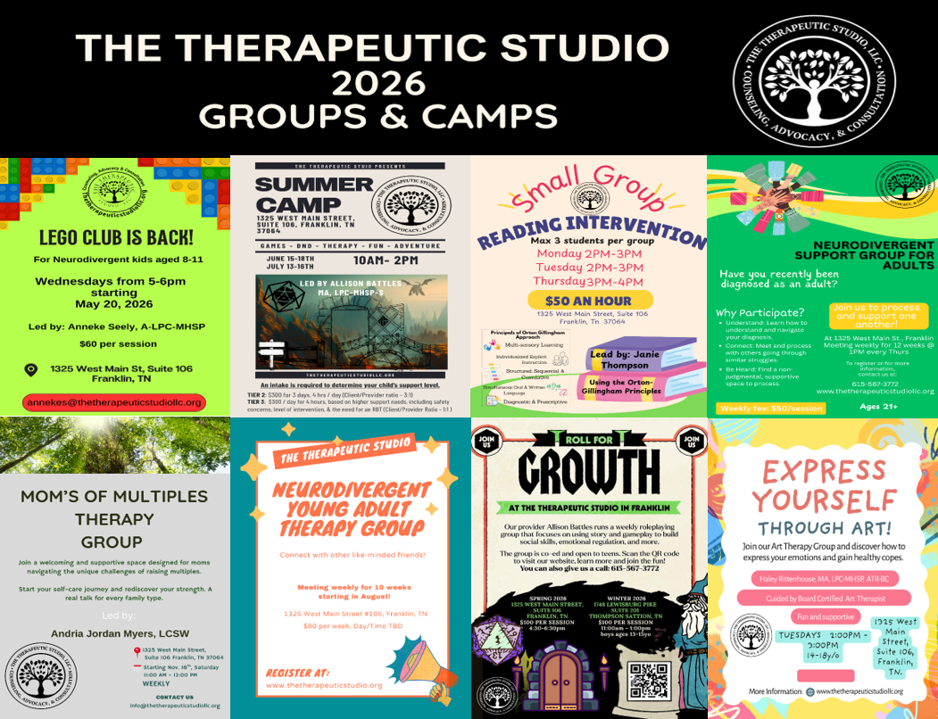 Poster collage advertising various therapeutic and educational group programs at The Therapeutic Studio in 2026, including summer camp, reading intervention, neurodivergent support, therapy groups for moms and young adults, and expressive art sessions, with contact details and schedules.