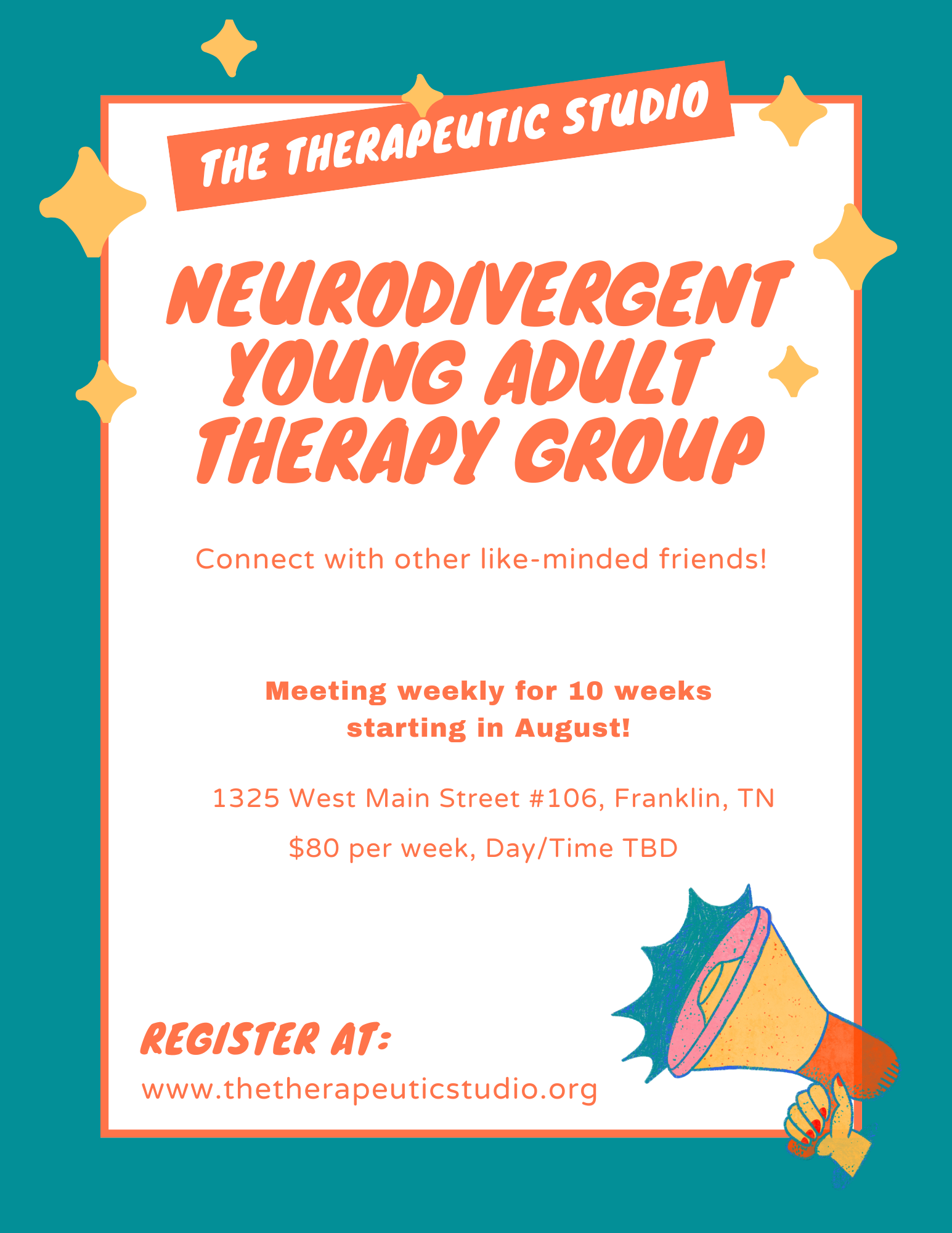 Flyer for a young adult therapy group at The Therapeutic Studio, with details about meeting times, location, fee, and registration website, decorated with colorful illustrations of a handshake and stars.