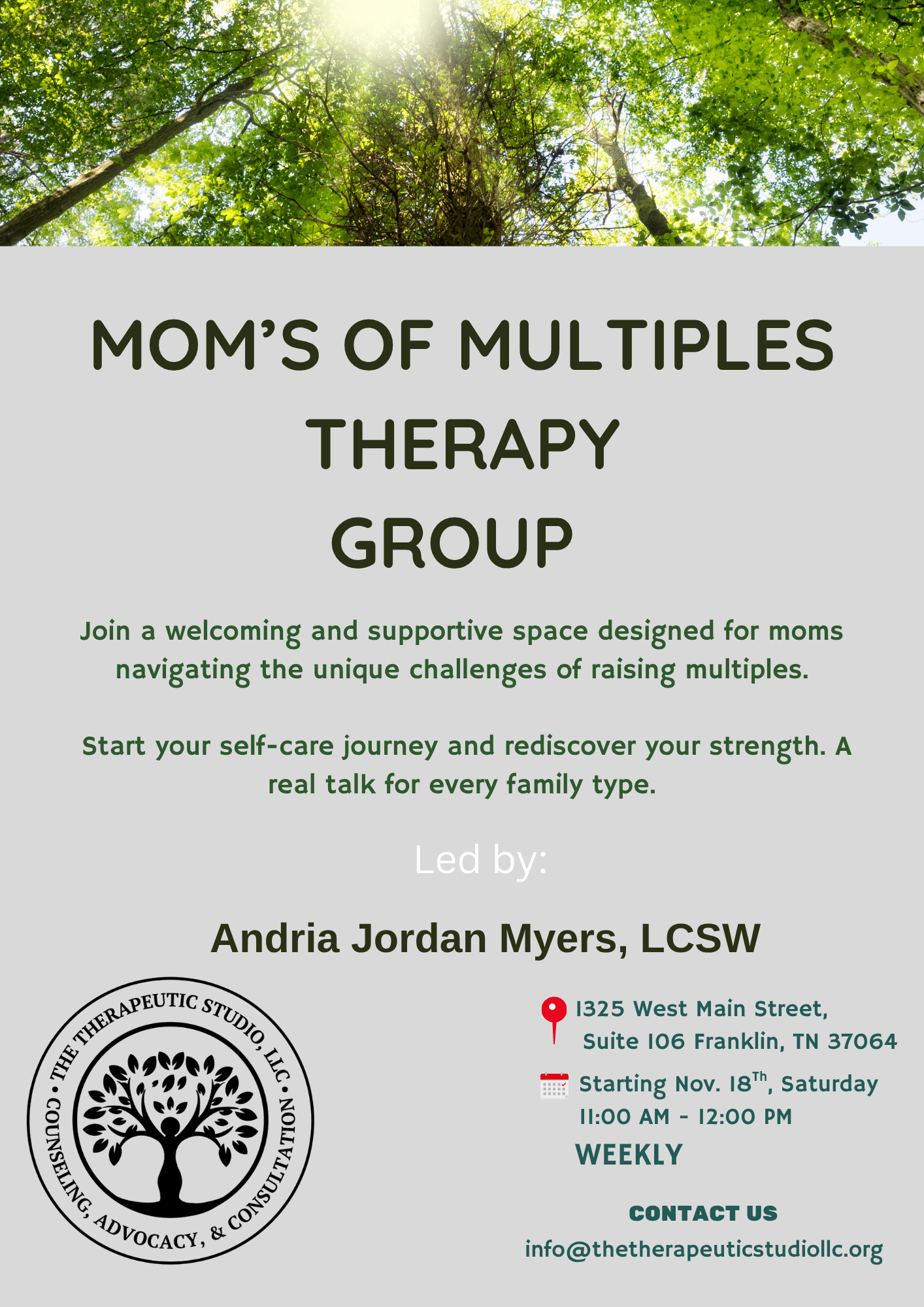 Flyer for Mom's of Multiples Therapy Group with a background of green trees and sunlight, including details about the group, location at 1325 West Main Street, Suite 106 Franklin, TN 37064, starting November 18th, Saturdays from 11:00 AM to 12:00 PM, weekly sessions, and contact information for the therapy practice.