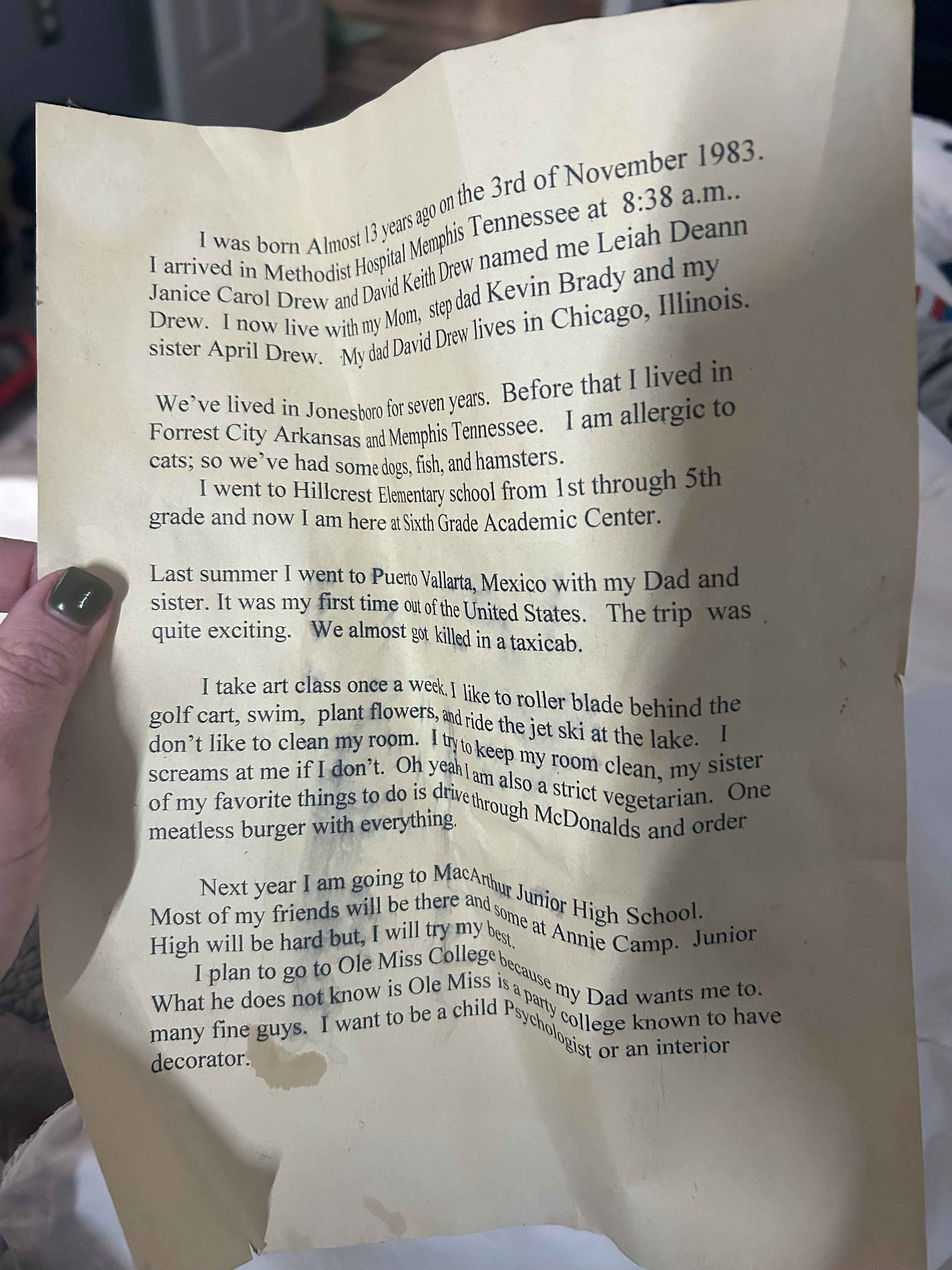 A journal entry from a 13-year-old girl